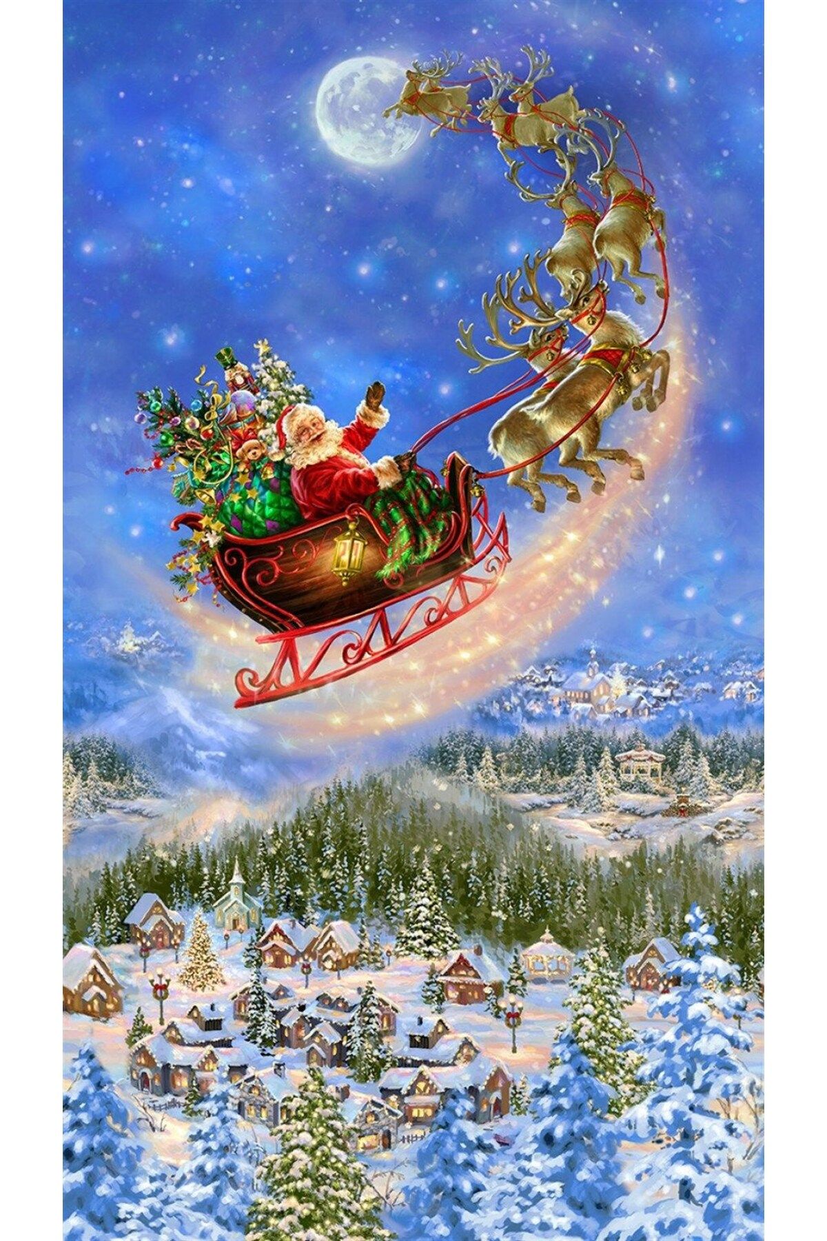 MARCEL SANAT Noel Baba Ve Uçan Ren Geyikleri Elmas Mozaik Tablo 33x61cm