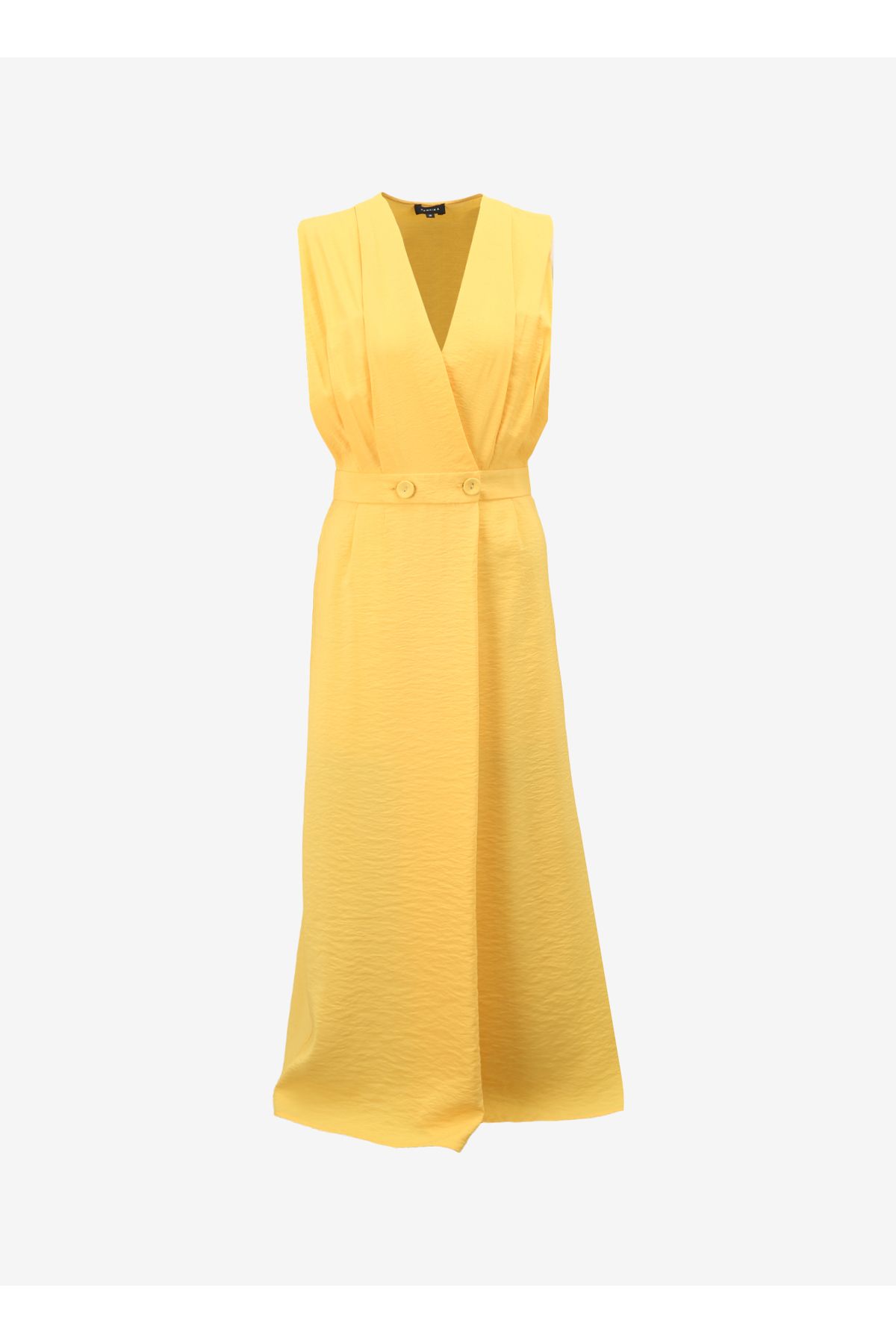 Fabrika Kruvaze Yaka Düz Sarı Midi Kadın Elbise F4SL-ELB0202