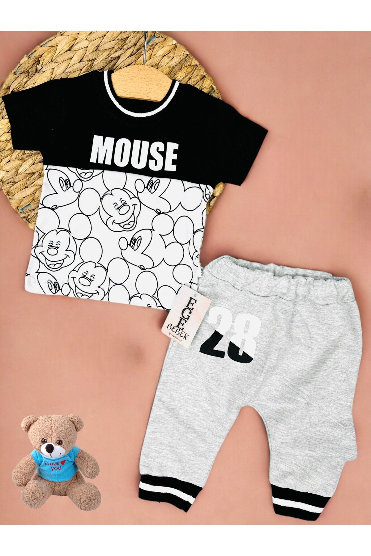 VOY KİDS Yazlık Erkek Bebek Mickey Mouse Baskılı Günlük Eşofman Takımı, T-shirt ve Eşofman Altı Takımı Siyah