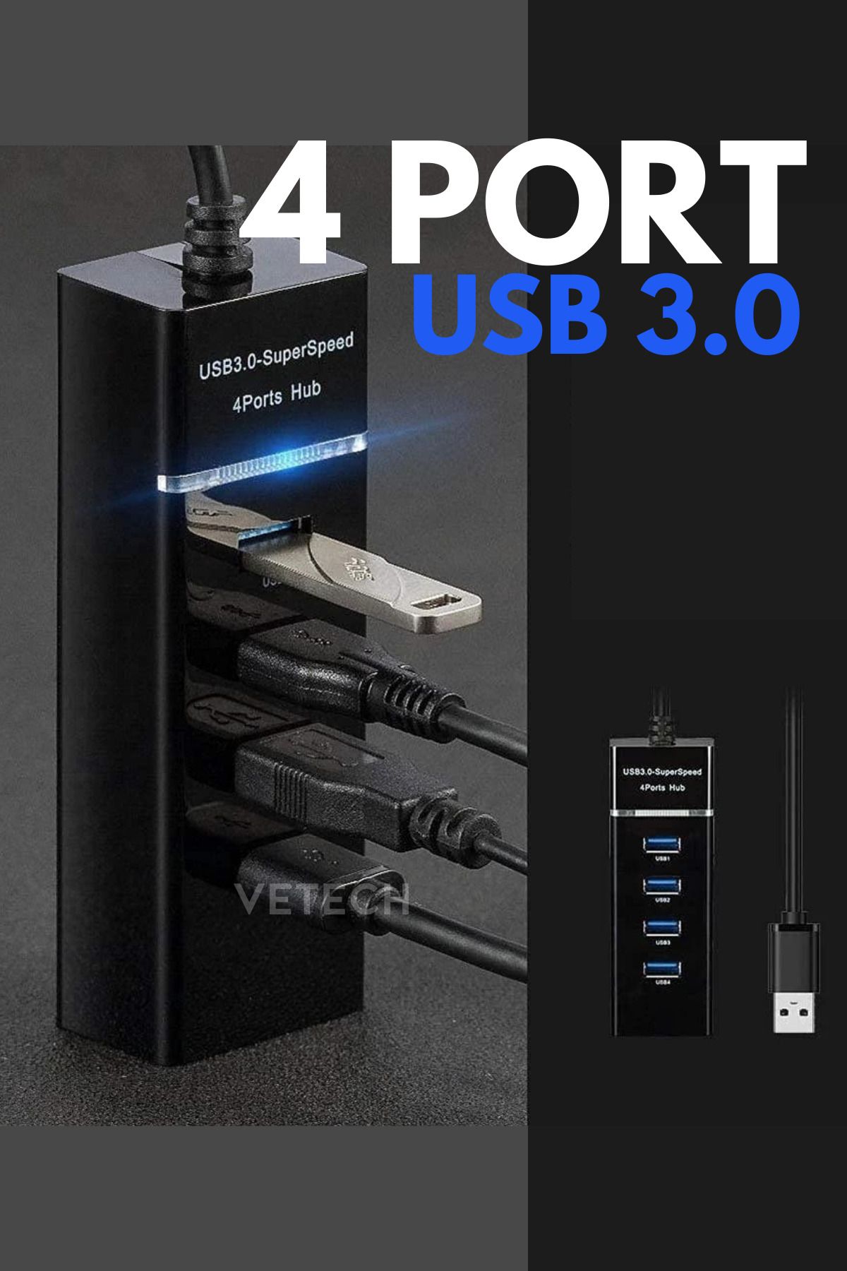 Vetech 3.0 USB Çoğaltıcı 4 Port Yüksek Hızlı USB HUB Çoklayıcı Laptop / Notebook / PC Uyumlu