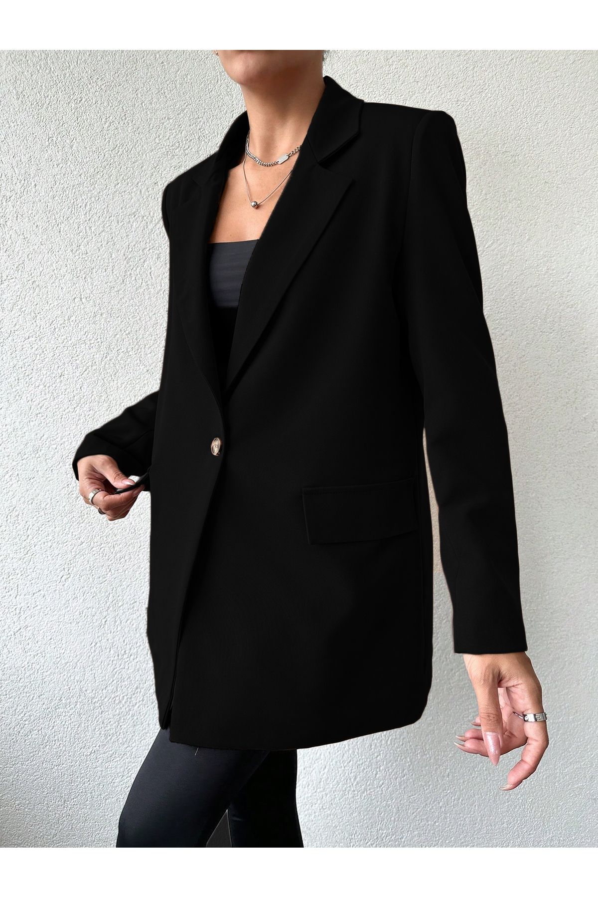 Smartex Astarlı Oversize Dokuma Siyah Kadın Ceket CKT0013