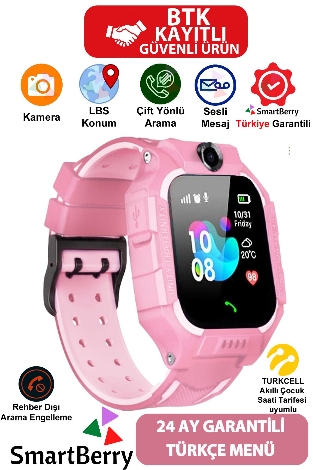 Smartberry Z2 Lbs Konumlu Akıllı Çocuk Takip Saati Sim Kartlı Arama, Kameralı, Gizli Dinleme Özellikli -pembe