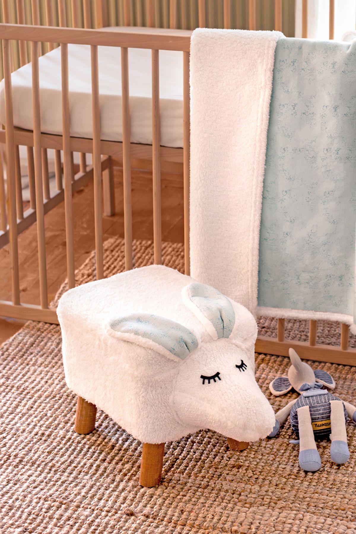 HAMUR Yıkanabilir Kılıflı Tabure Bebek Çocuk Oyun Koltuğu Sandalye Ahşap Ayaklı Puf Fluffy Zoo Bunny