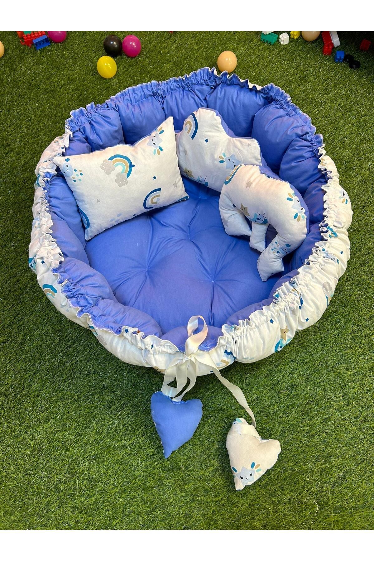 Selly Baby Okyanus Mavi Gökkuşağı Desenli Açılır-Kapanır Oyun Minderi/Uyku Minderi