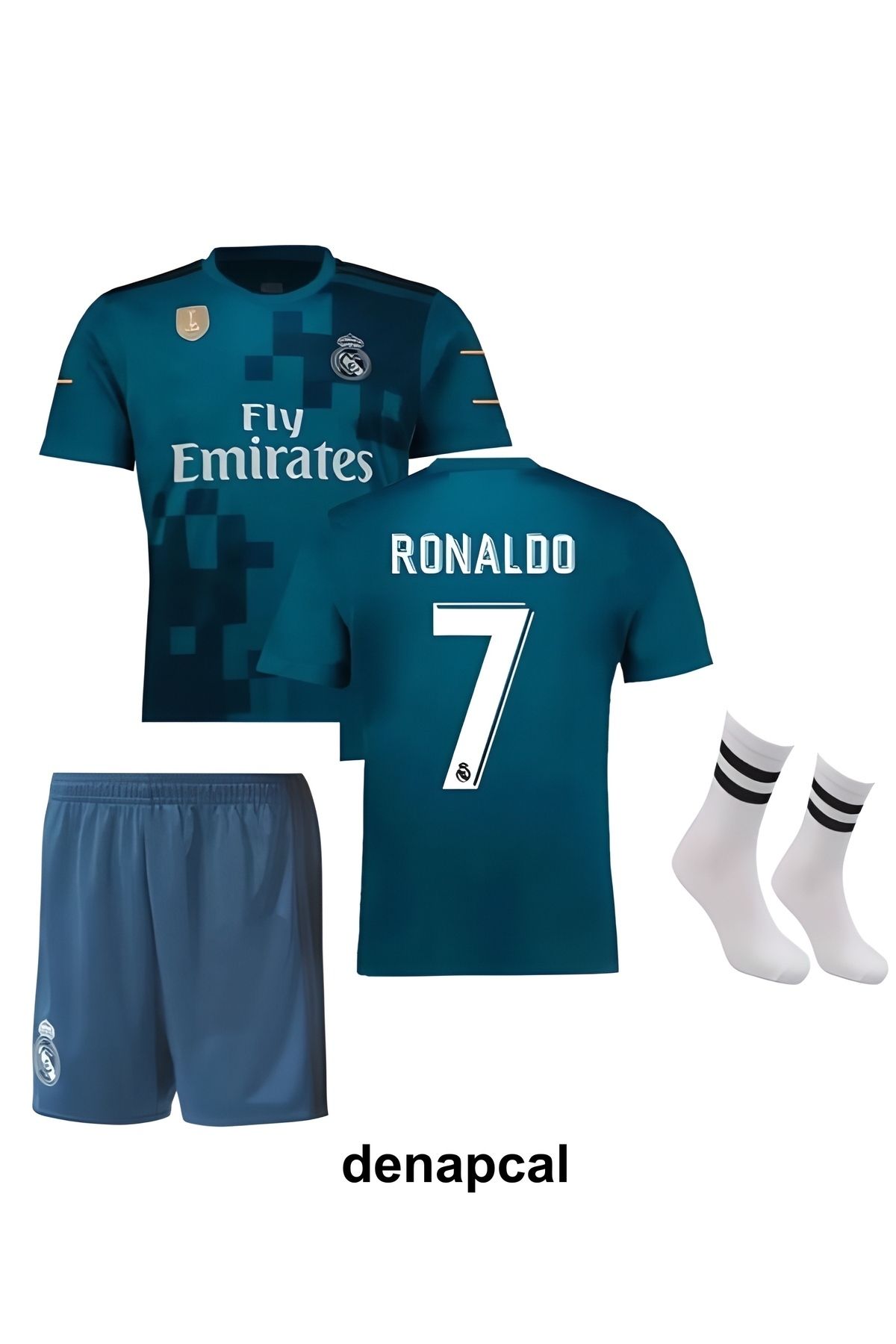 DENAPCAL Ronaldo Turkuaz-mavi Real Madrid 2018 Deplasman 3'lü Çoçuk Futbol Forma Seti ( Forma,şort Ve Çorap )