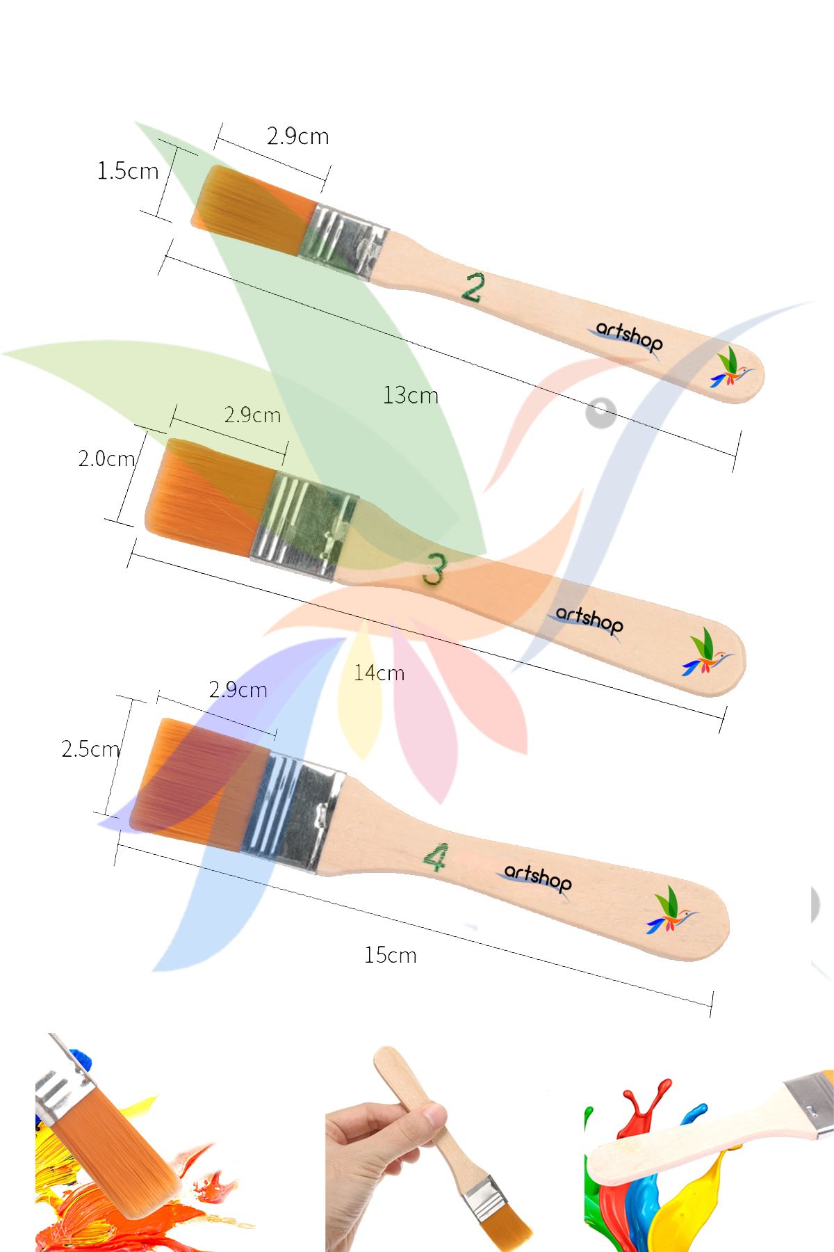 Artshop 2-3-4 Numara Zemin Fırçası, Akrilik, Yağlı, Guaj, Sulu Boya Için, Sentetik Uçlu