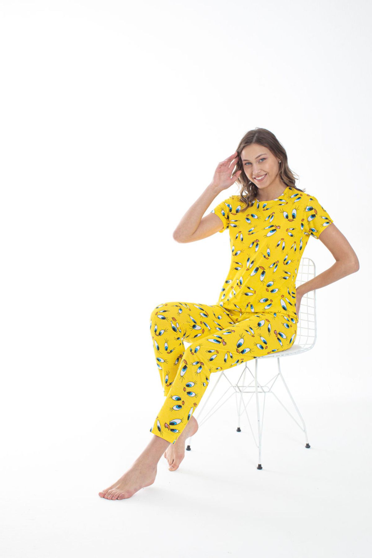 Burki Sarı Desenli Kadın Kısa Kollu Pijama Takımı