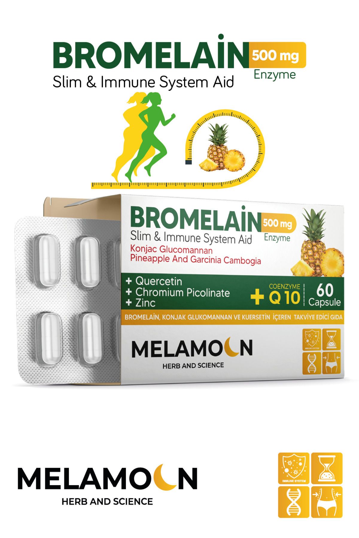 Melamoon Bromelain 500 Mg Ve Konjak Glukomannan250mg-coenzim(KOENZİM) Q10-krom Pikolinat 60 Kapsül