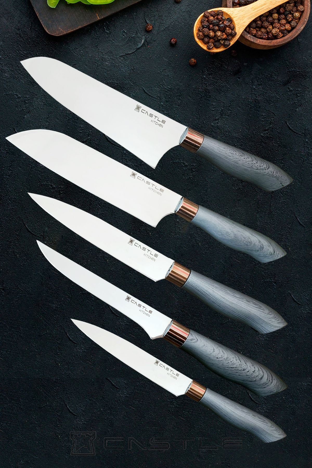 Castle Silver Gray Serisi 5 Li Mutfak Bıçak Seti ( Sivri Şef - Santaku - Doğrama - Sebze - Fileto )