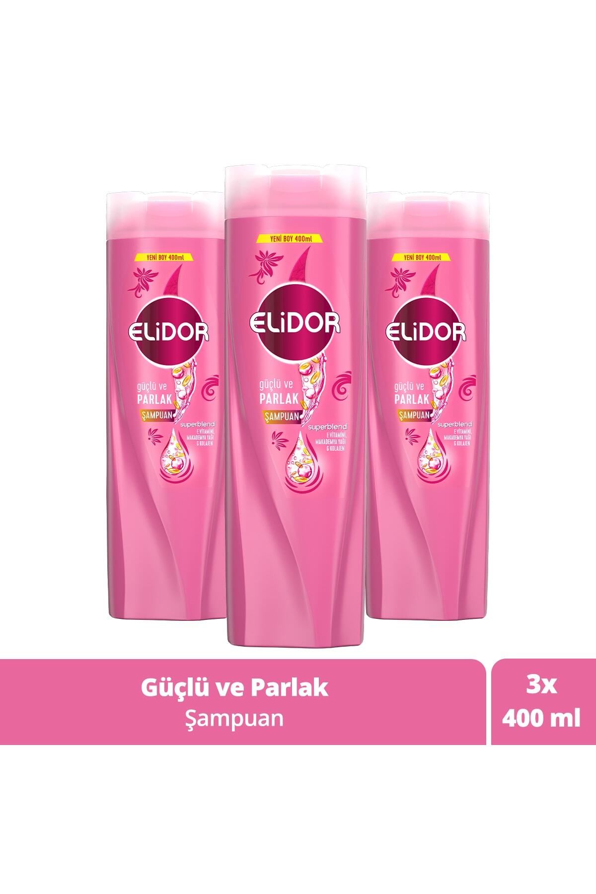 Elidor Superblend Saç Bakım Şampuanı Güçlü ve Parlak E Vitamini Makademya Yağı Kolajen 400 ml x3