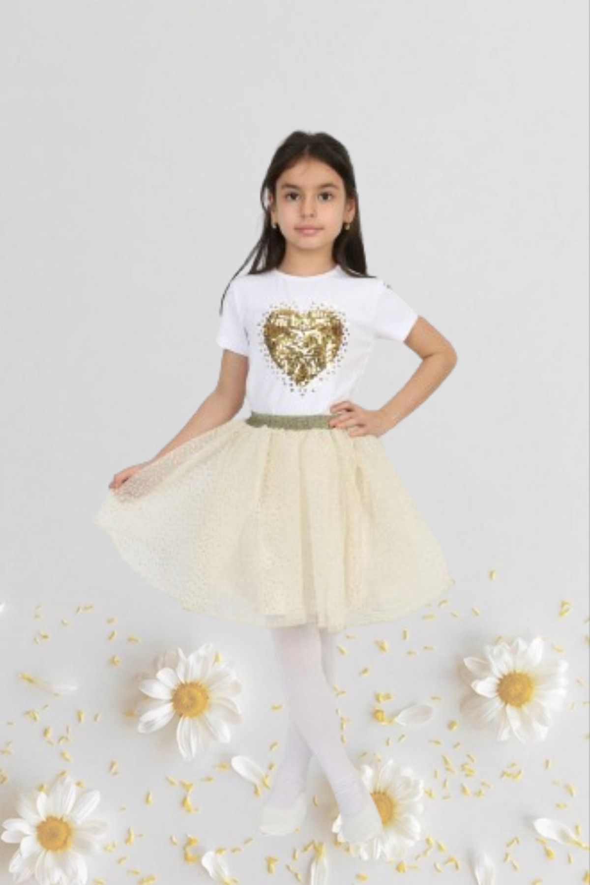 Nacar Kız Çocuk 23 Nisan Kıyafeti Kostüm Tütü Etek Kısa Kol Desenli Tshirt Pullu Takım 024