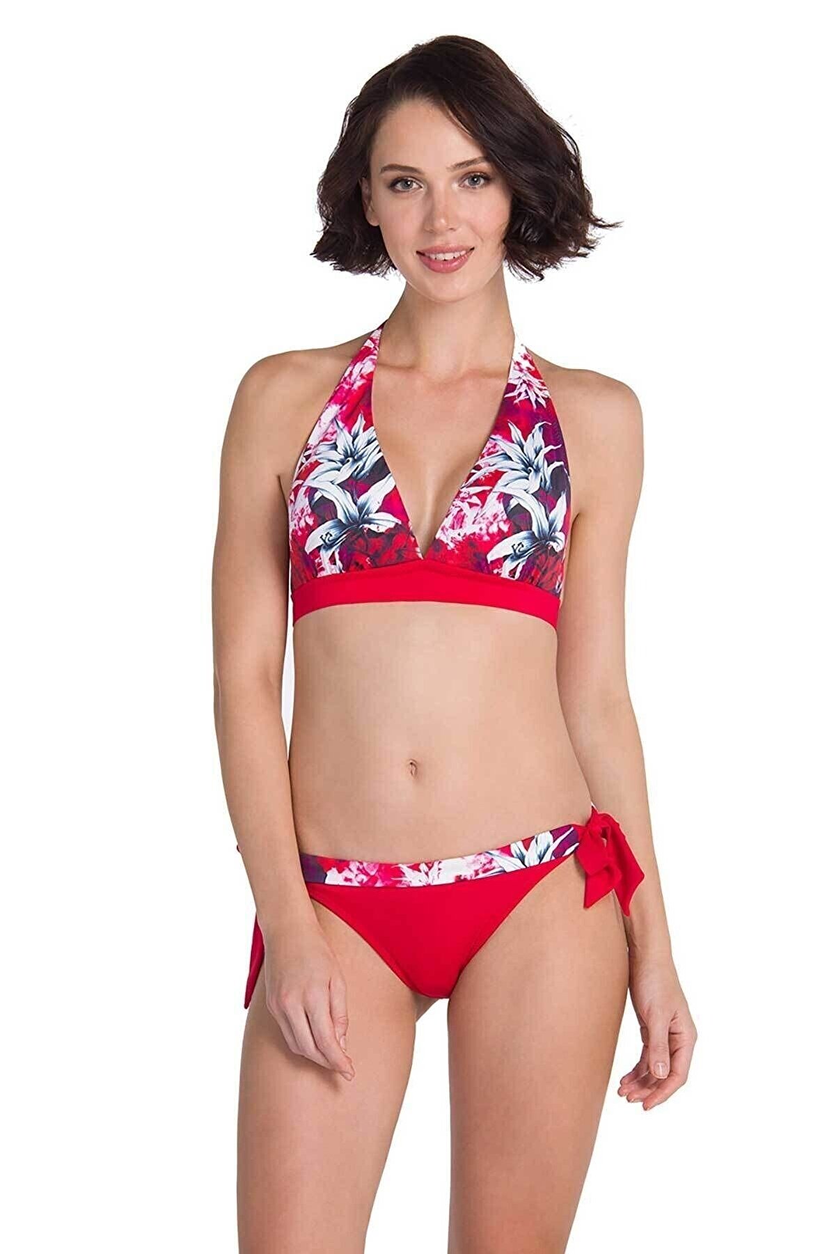 Dagi Kırmızı Boyun Bağlı Desenli Üst Üçgen Bikini Takımı