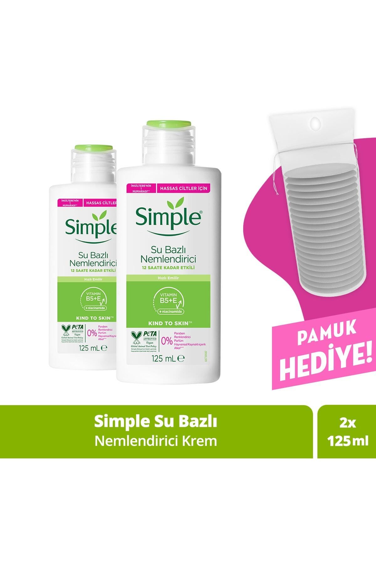 Simple Kind To Skin Su Bazlı Nemlendirici Hassas Ciltler Için 125 ml Pamuk Hediye