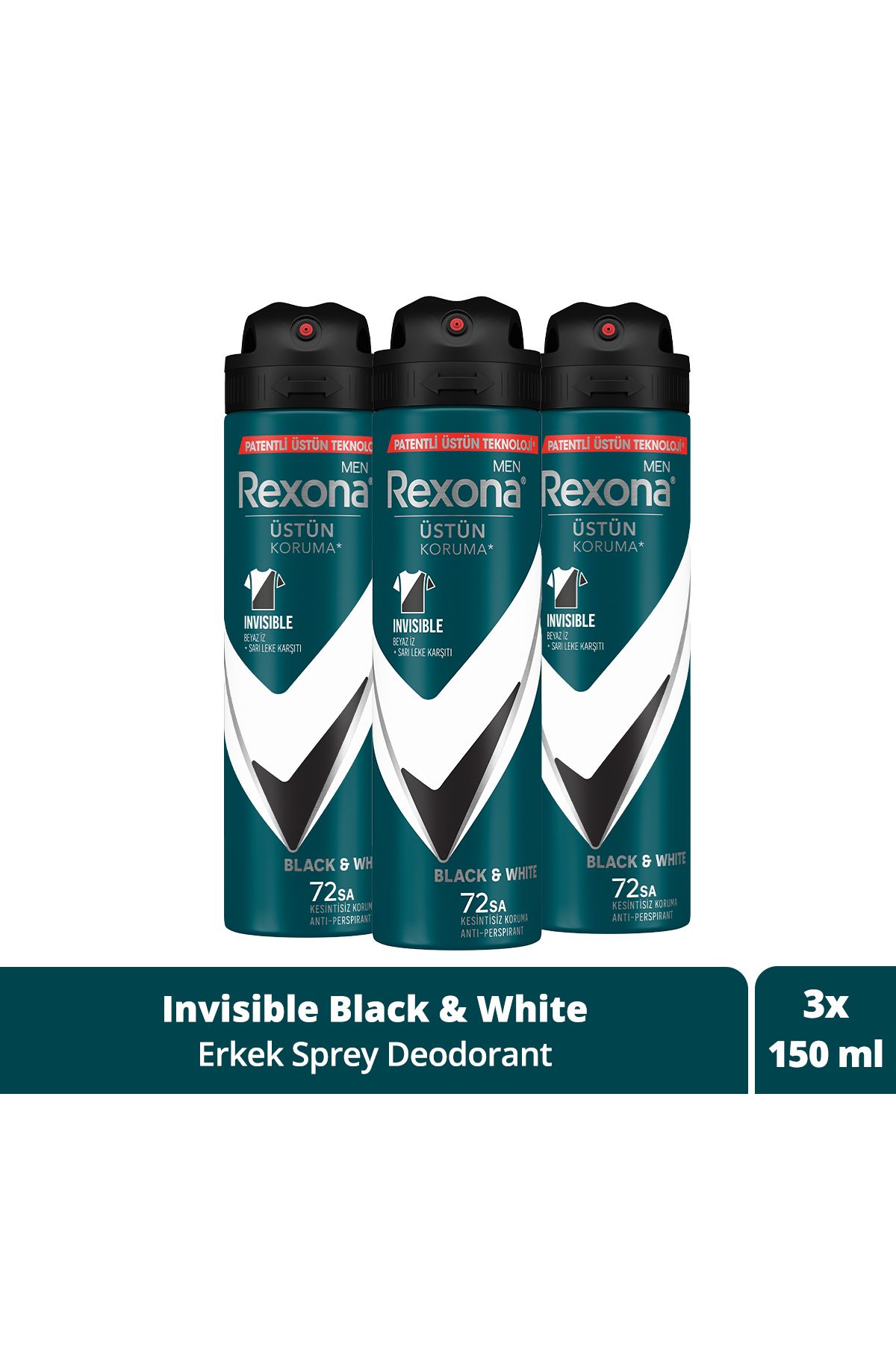 Rexona Men Erkek Sprey Deodorant Invisible Black & White 72 Saat Kesintisiz Üstün Koruma 150 Mlx3