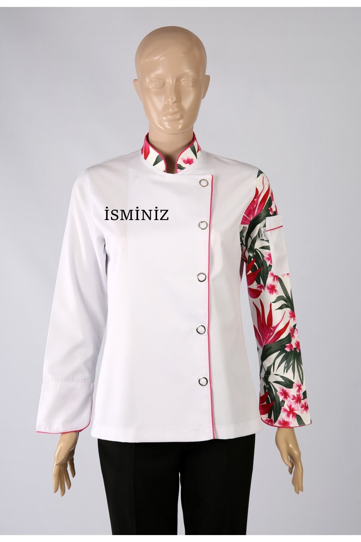 My Chef Zena Yaka Fuşya Çiçekli Pembe Biyeli Gabardin Aşçı Ceketi Kadın