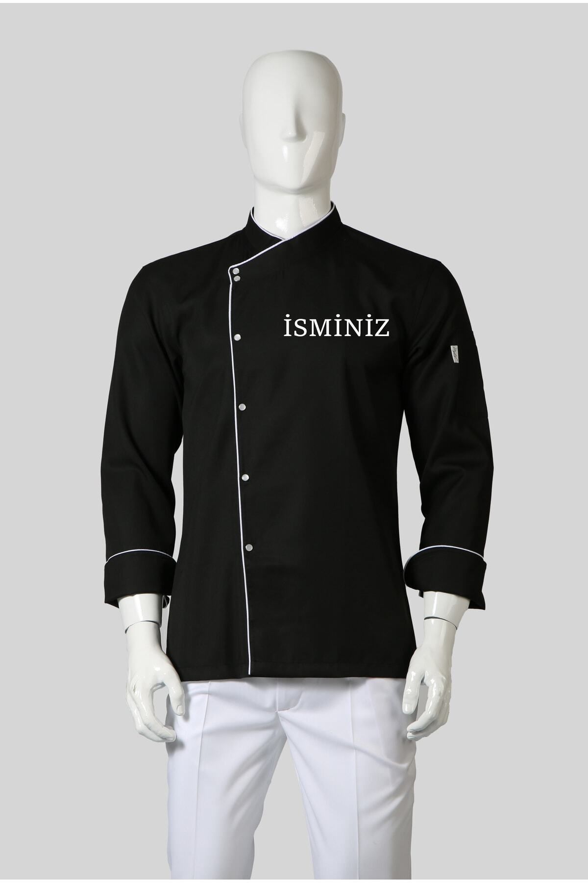My Chef Şef Ceketi Siyah Gabardin Biyeli Rana Yaka Erkek Aşçı Kıyafeti
