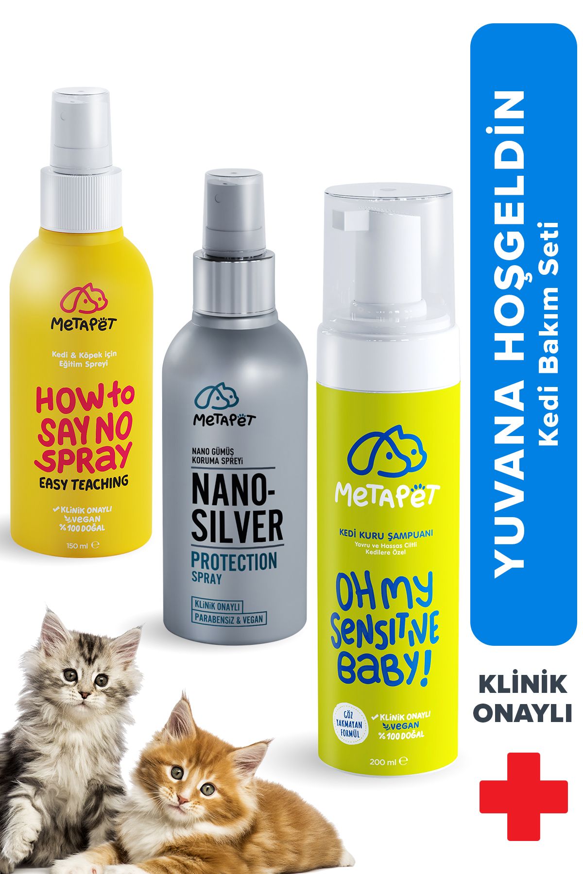 Metapet Kedi Bakım Ürünleri Seti, Şampuanı, Nano Gümüş Sağlık Hijyen, Uzaklaştırıcı Tuvalet Eğitimi Spreyi
