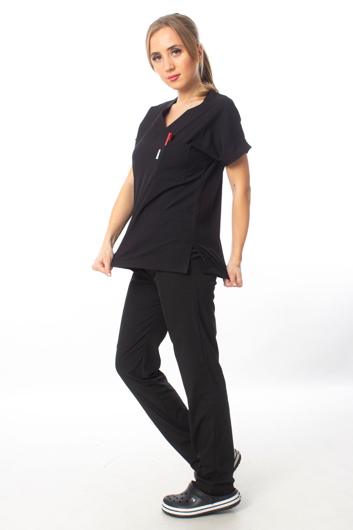 Simirna Üniforma Premium Kumaş Likralı Cerrahi Doktor Hemşire Siyah Forma Takım