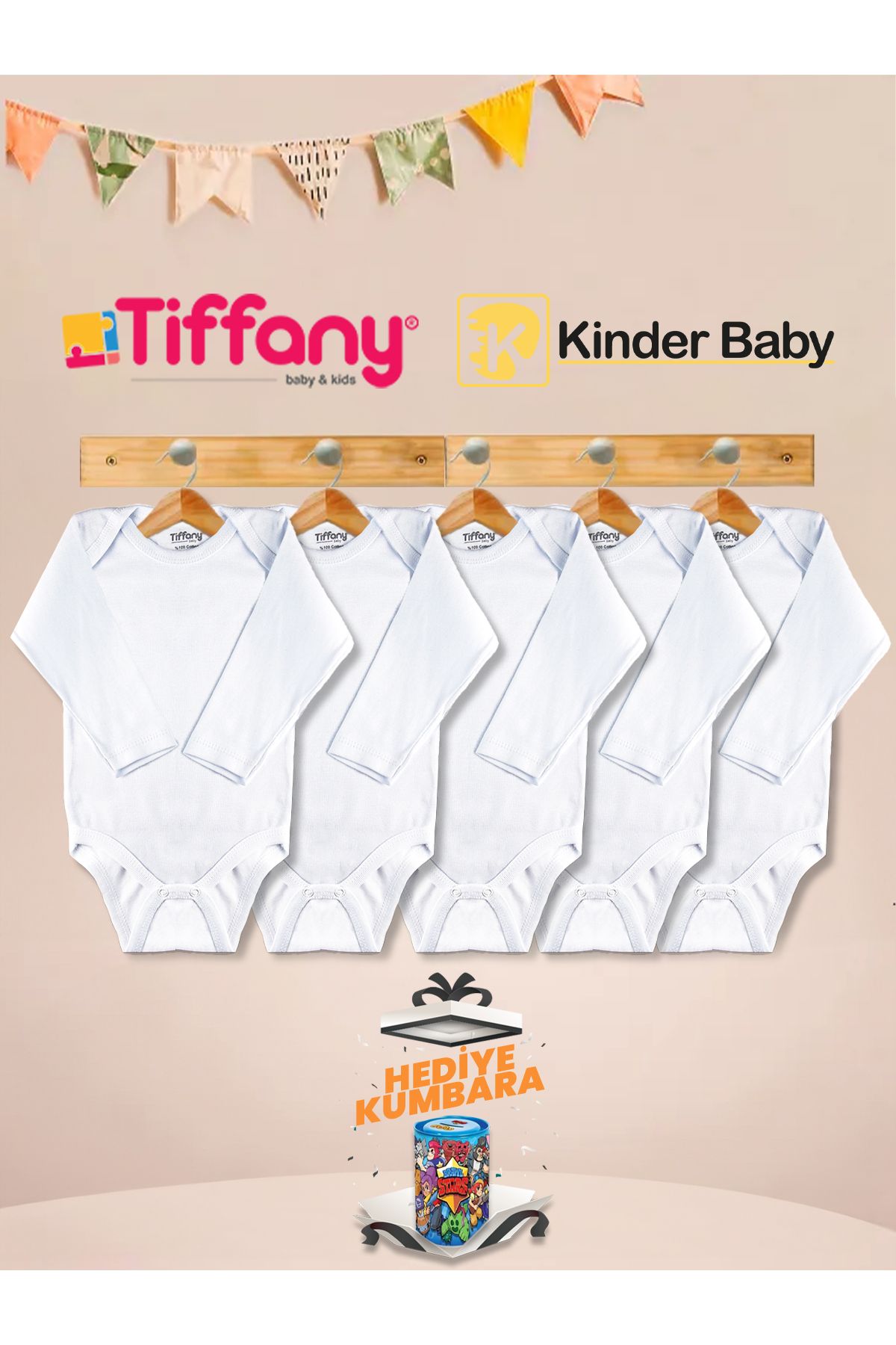 Kinder Baby Tiffany Zarf Yaka Uzun Kol Pamuk 5'li Atlet Zıbın Çıtçıtlı Bebek Body