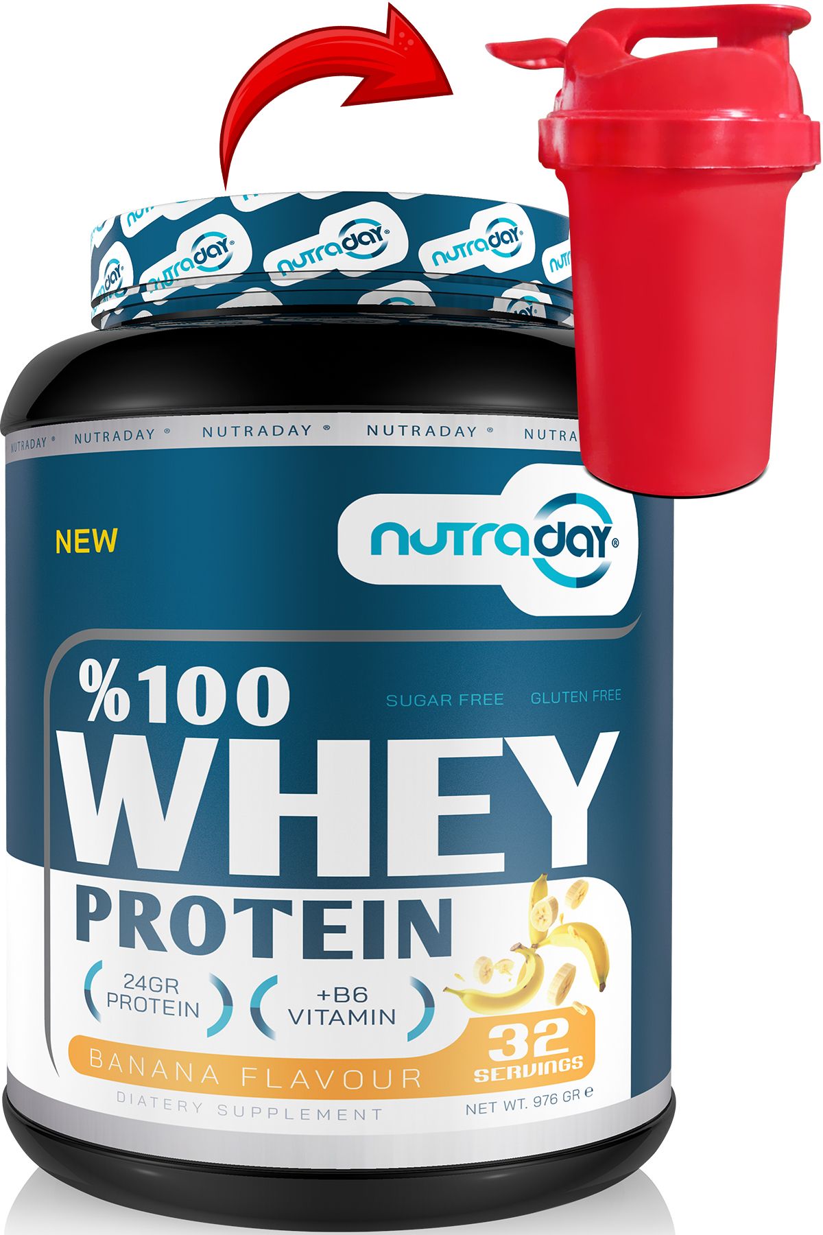 nutraday Whey Protein 976 gr Muz Aromalı Protein Tozu 24 gram Protein 32 Servis