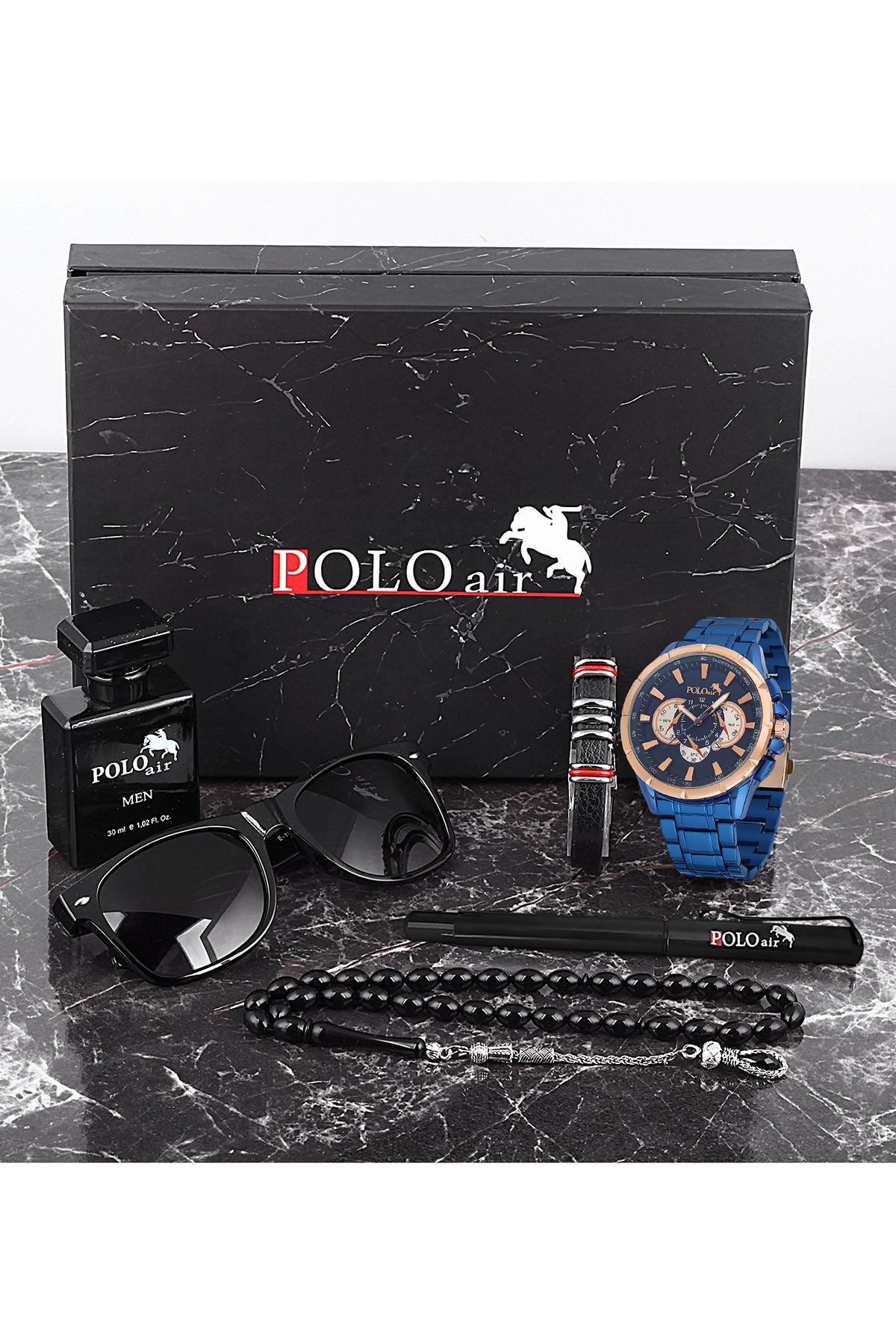 polo air Erkek Set Takvim Özellikli Saat Gözlük Parfüm Tesbih Kalem Bileklik Özel Kutulu Siyah Renk
