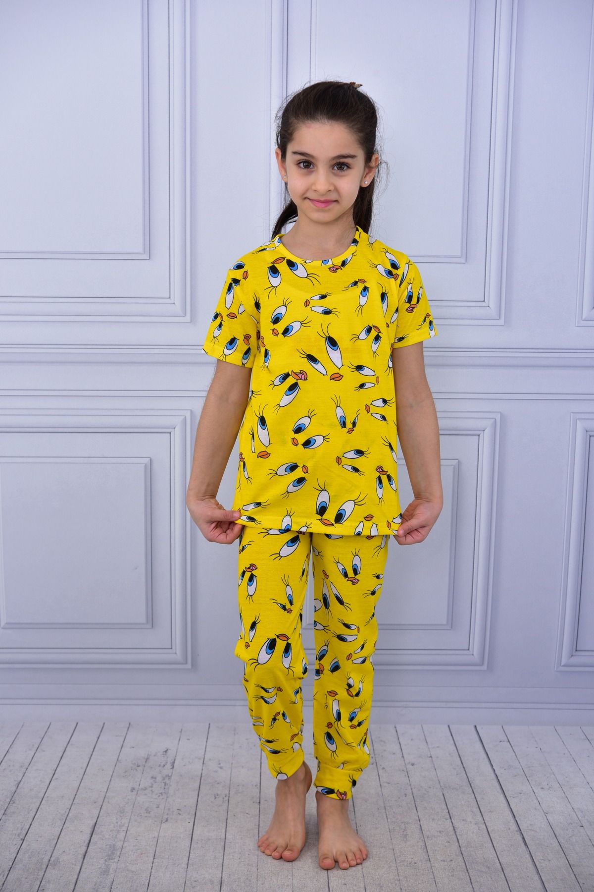 Burki Sarı Desenli Kısa Kollu Pijama Takımı