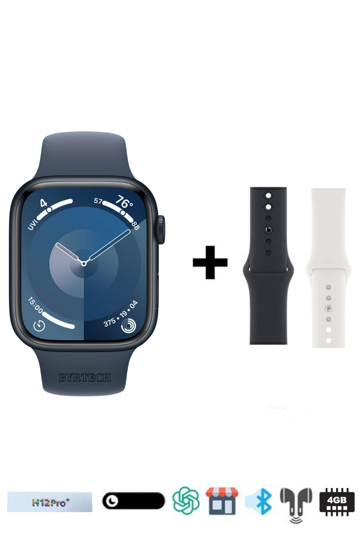 BYRTECH H12 Pro+ Plus 4GB Hafızalı Aksesuar Bağlantılı Müzik Yüklenebilir Watch 9 Pro Max Akıllı Saat