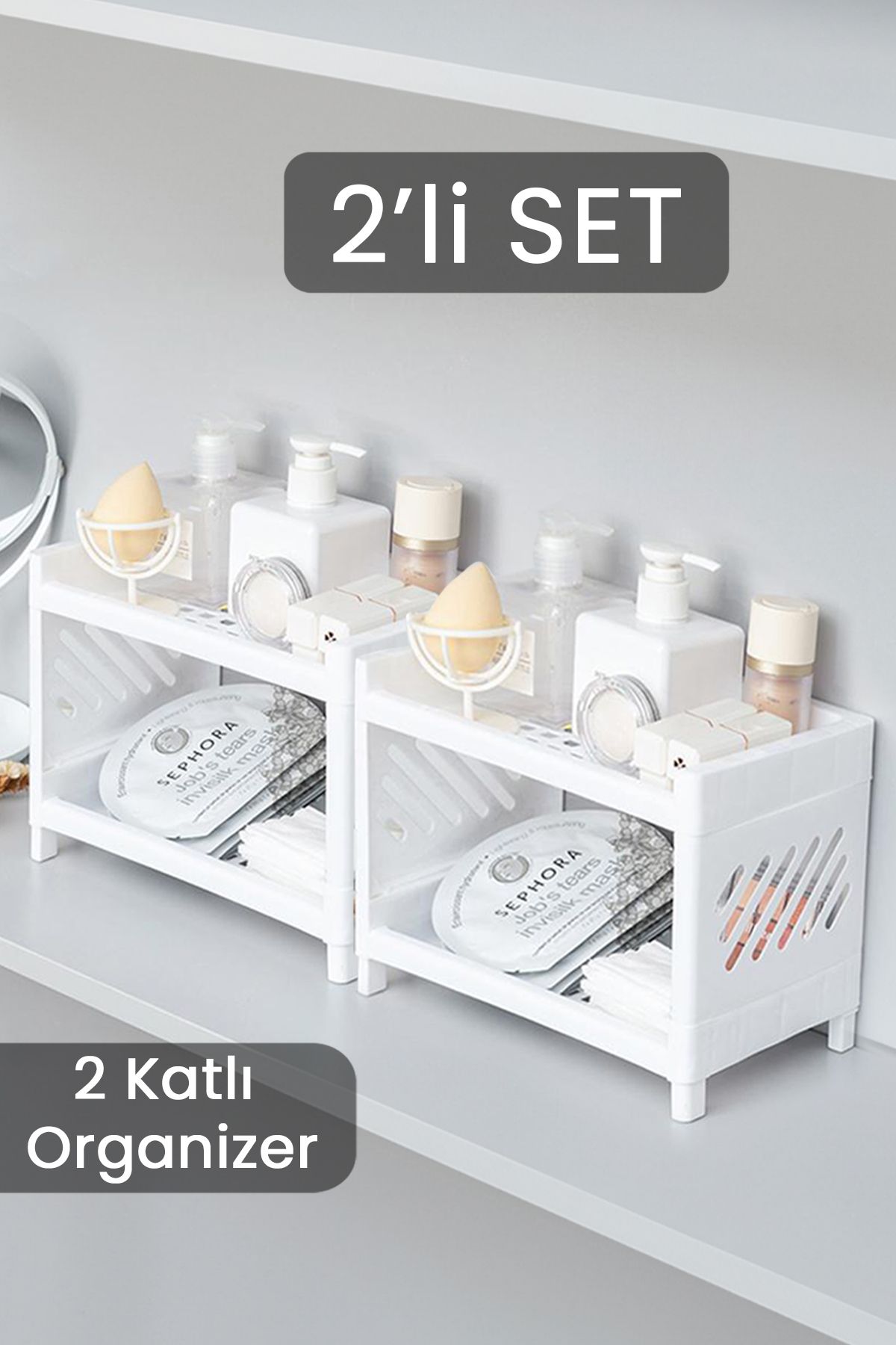 Meleni Home 2'li Çift Katlı Makyaj Takı Kozmetik Rafı Düzenleyici Çok Amaçlı Organizer Beyaz