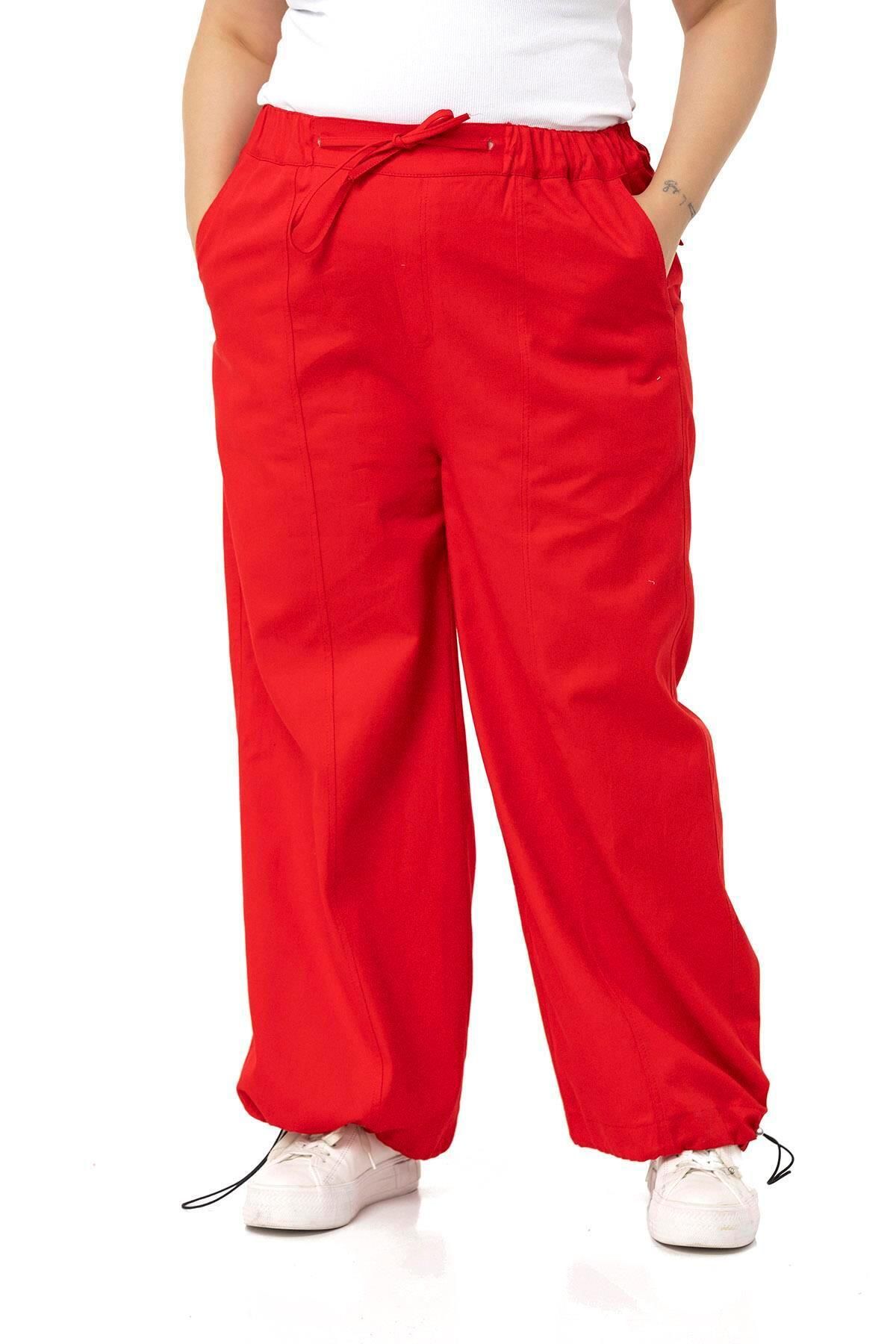 DISENTIS MODEST Büyük Beden Geniş Paça Bağlama Detaylı Gabardin Kırmızı Pantolon