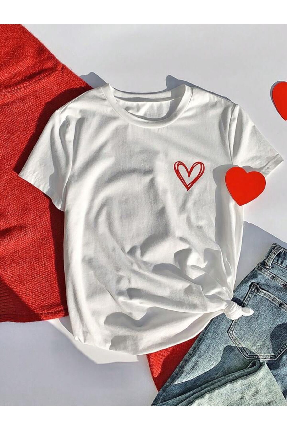 MORNİNG KİDS Kız Çocuk Kırmızı Minimal Kalp Baskılı Beyaz Çocuk Tshirt