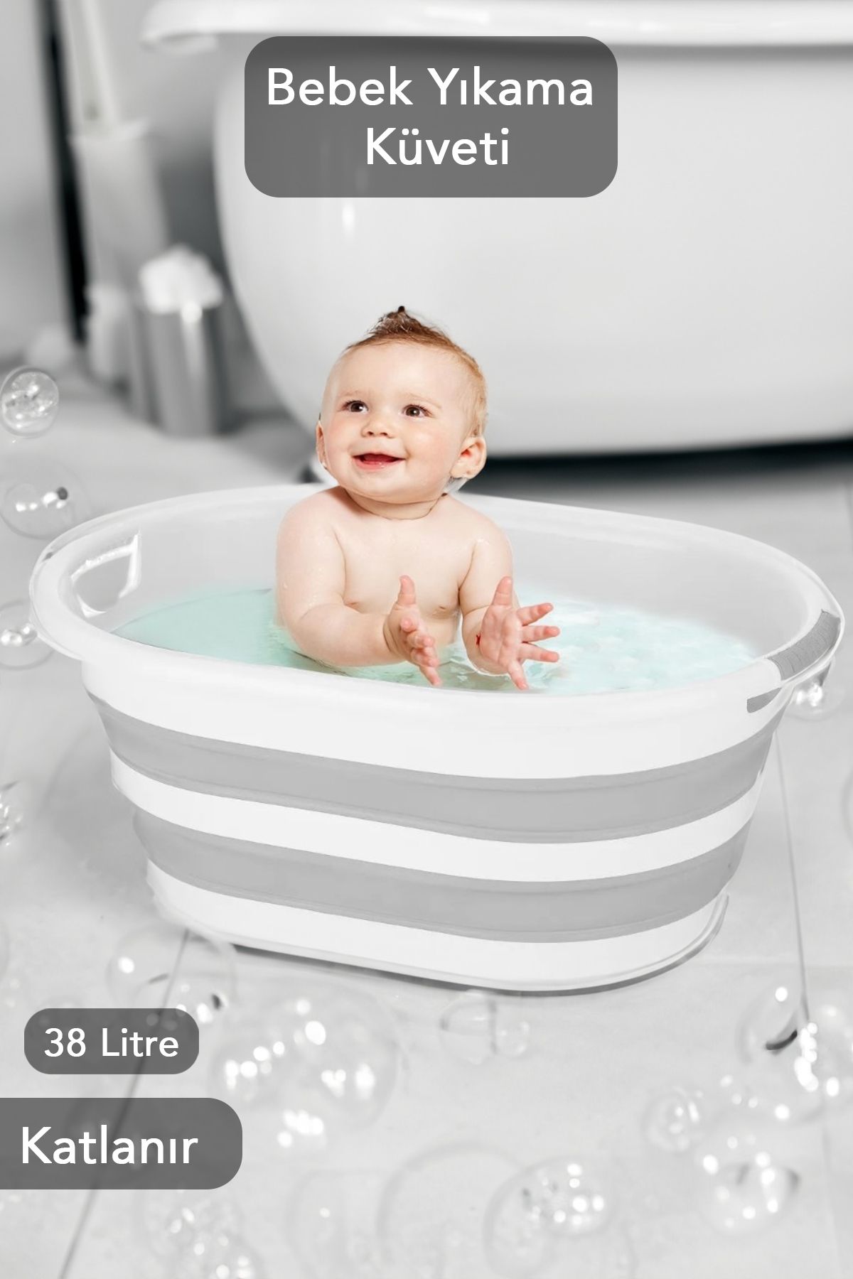 Meleni Baby Büyük Boy Katlanır Bebek Sepeti Banyo Bebek Yıkama Küveti Gri 38Lt