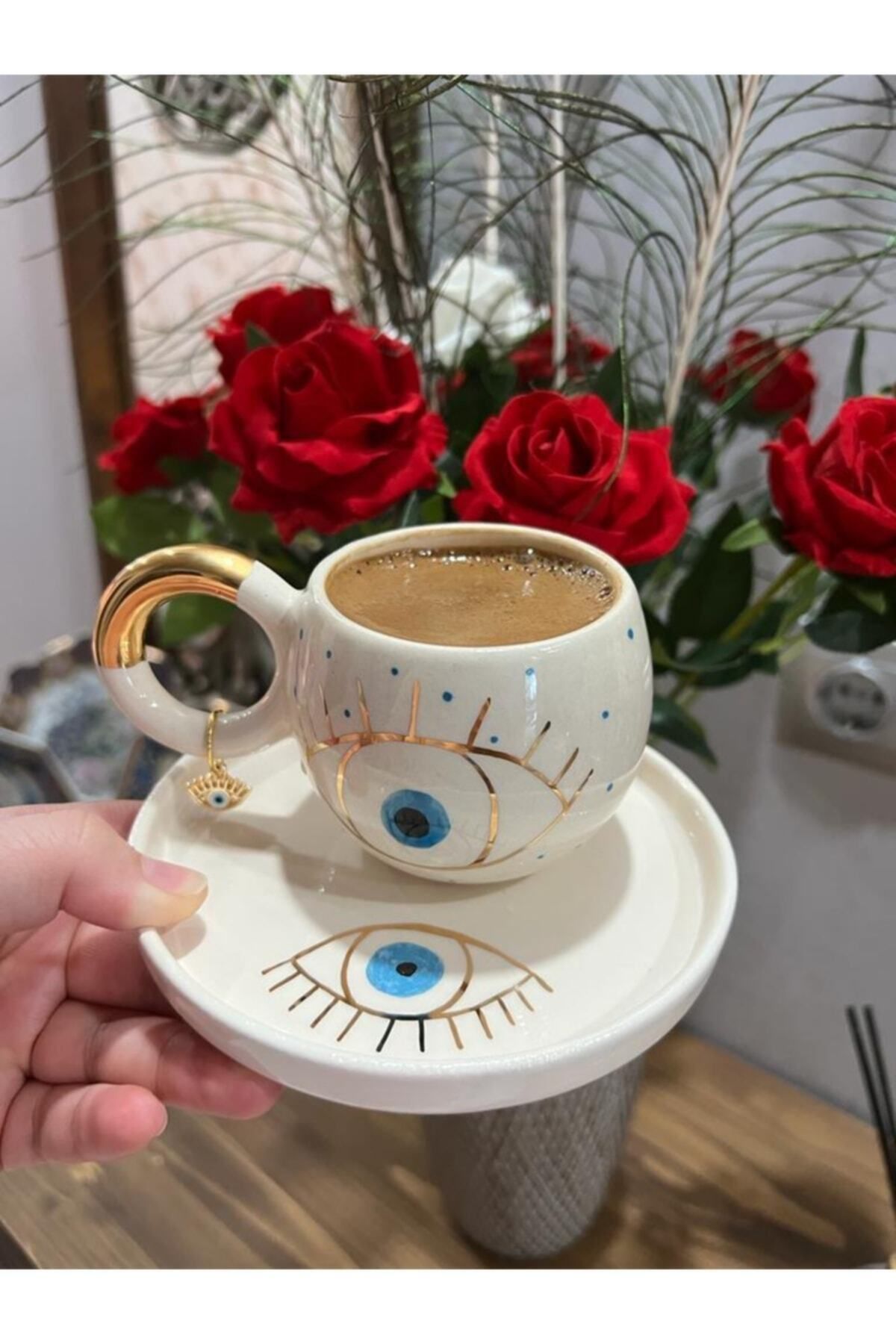 Mugtasarım 24 K Altın Yaldızlı Göz Nazarlı Double Türk Kahvesi Fincanı
