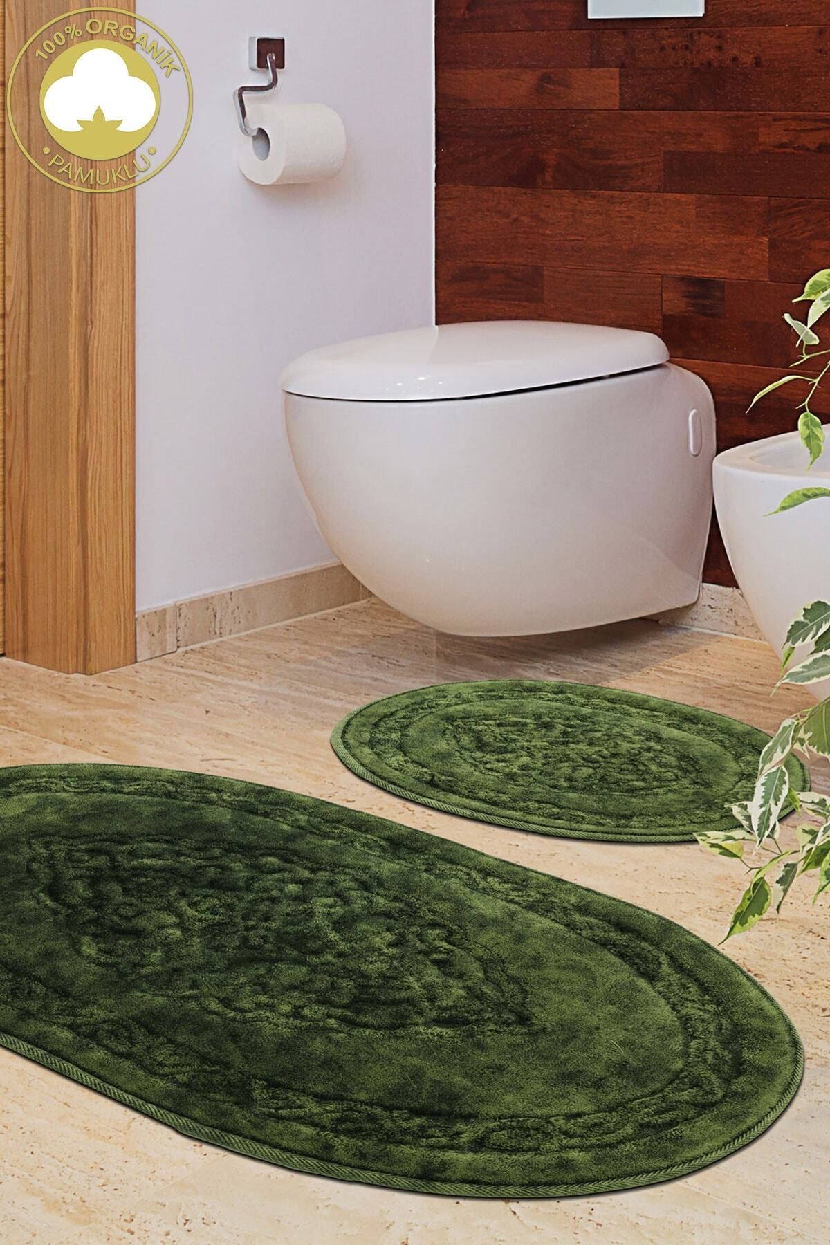 Dekoreko Pamuklu 2'li Klozet Takımı Banyo Paspas Seti Beulah Oval Yeşil