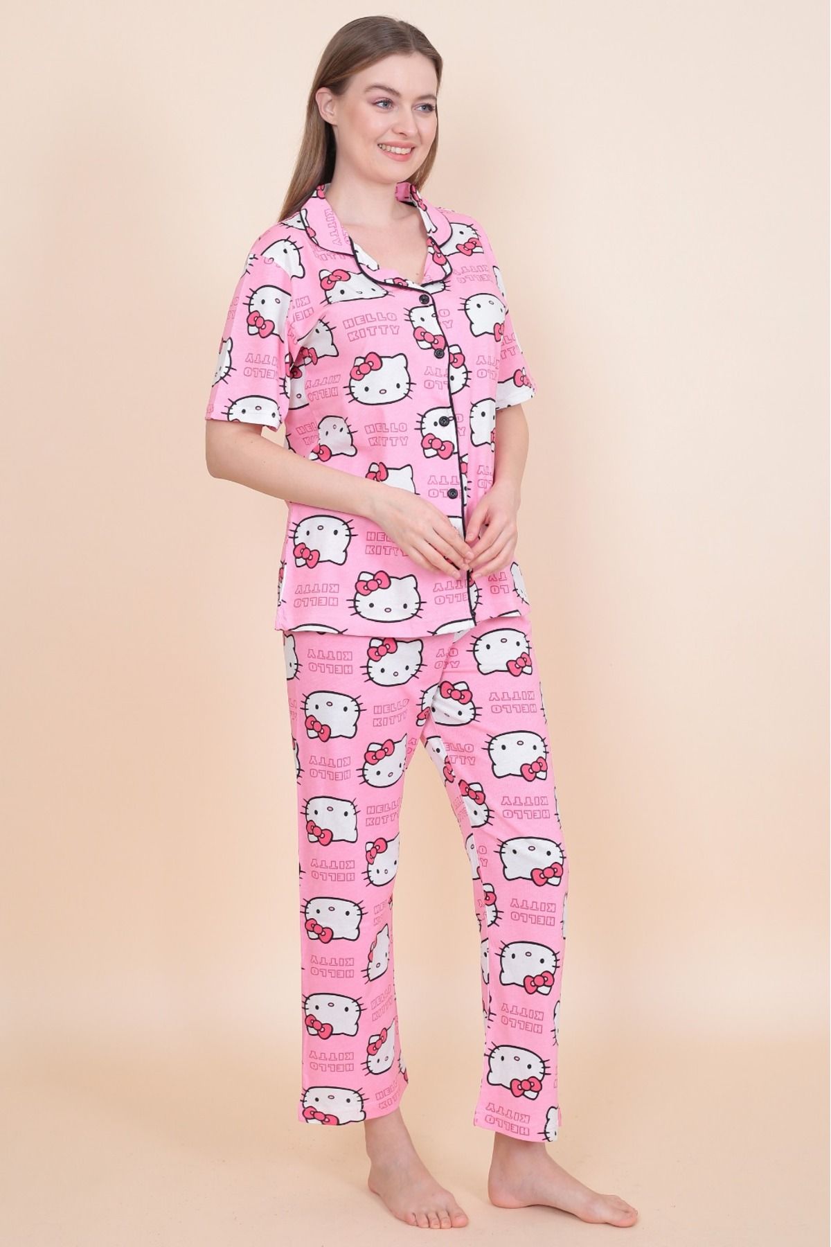 Le Savu Kedi Desenli Kısa Kollu Pembe Renkli Pijama Takımı Sevunera