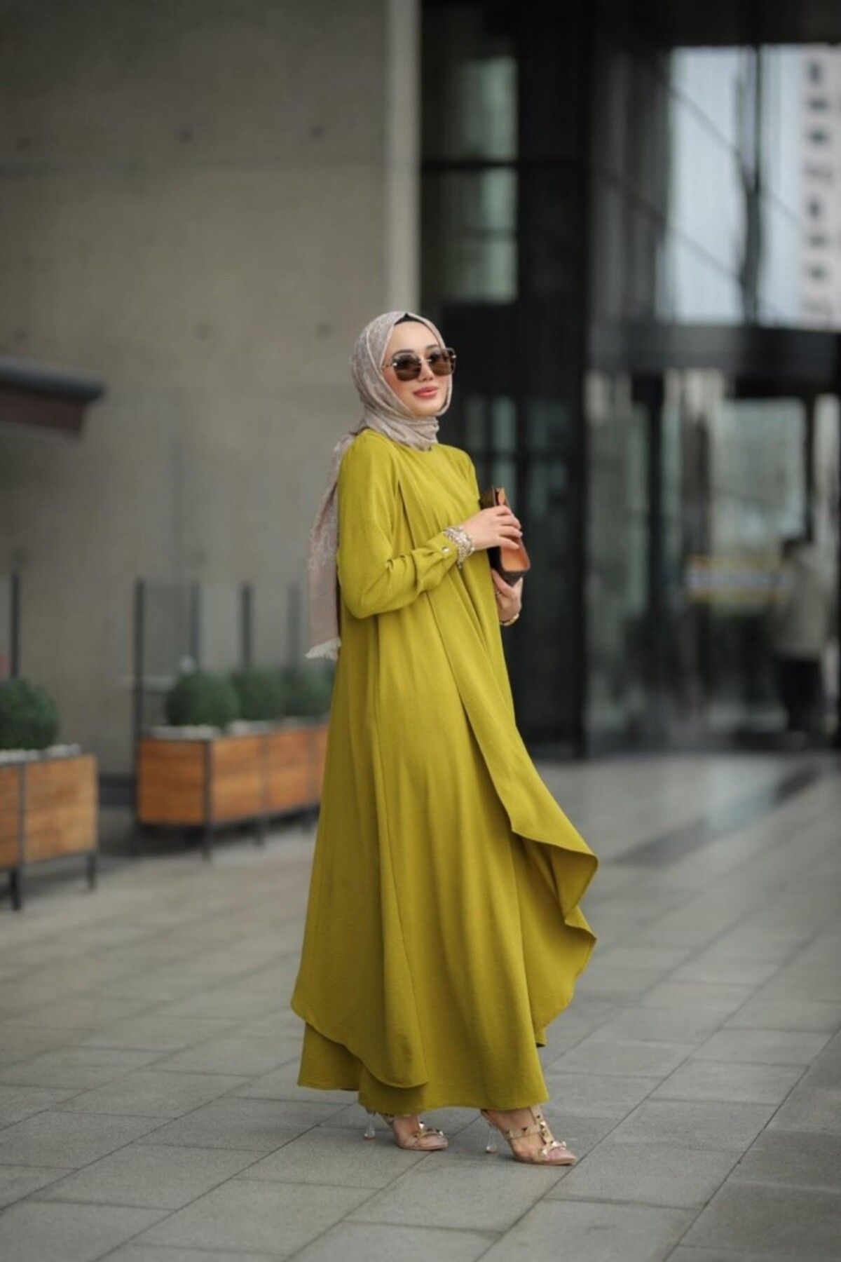NS Moda Tesettür Ayrobin Hera Elbise Yağ Yeşili Model-508
