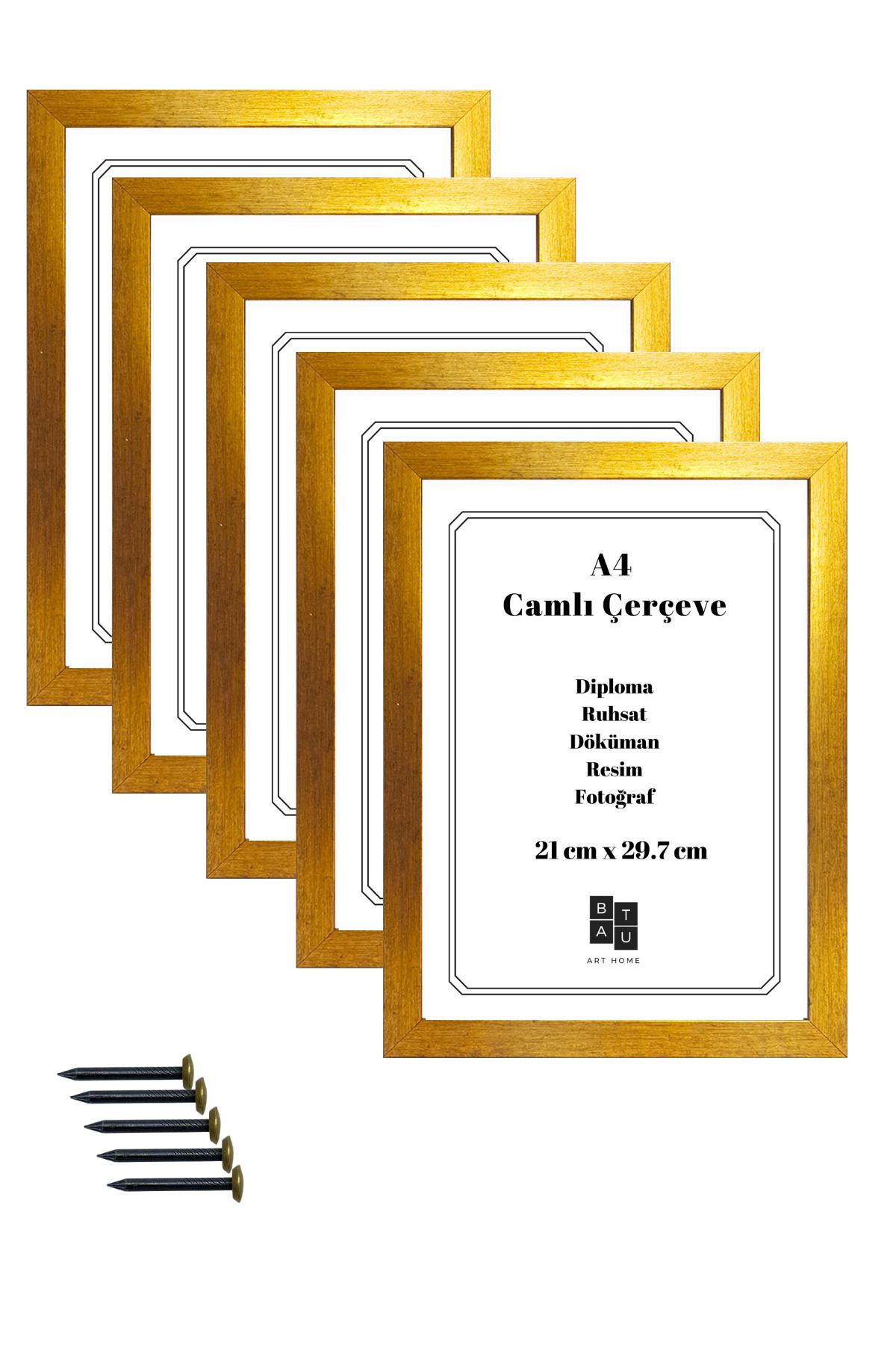 Batu Art Home 5 Adet A4 Çerçeve Camlı Belge Diploma Resim Fotoğraf Asılabilir Mat Altın Renk 21x29.7 Cm