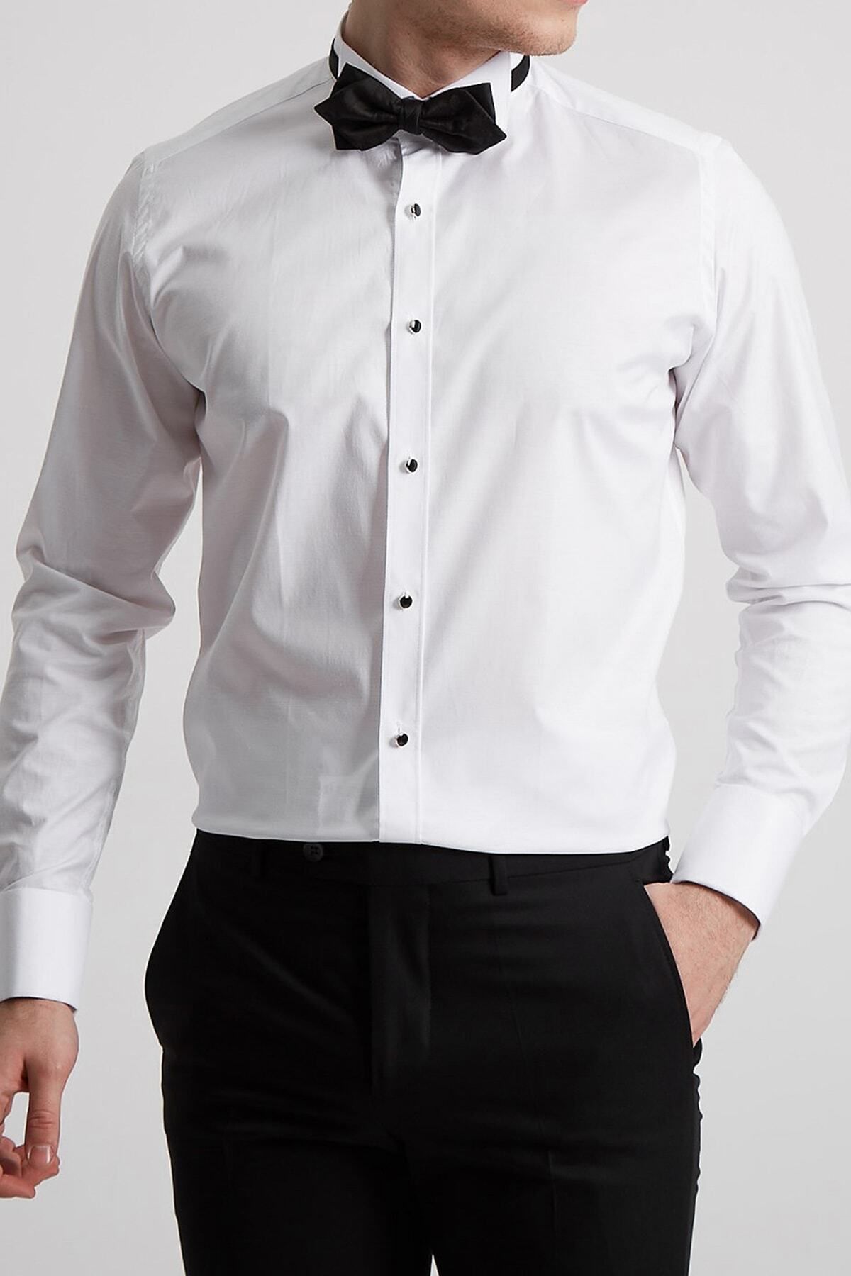 NAZEF Dar Kesim Özel Üretim Ata Yaka Beyaz Pamuk Gömlek ( Damatlık Gömleği )