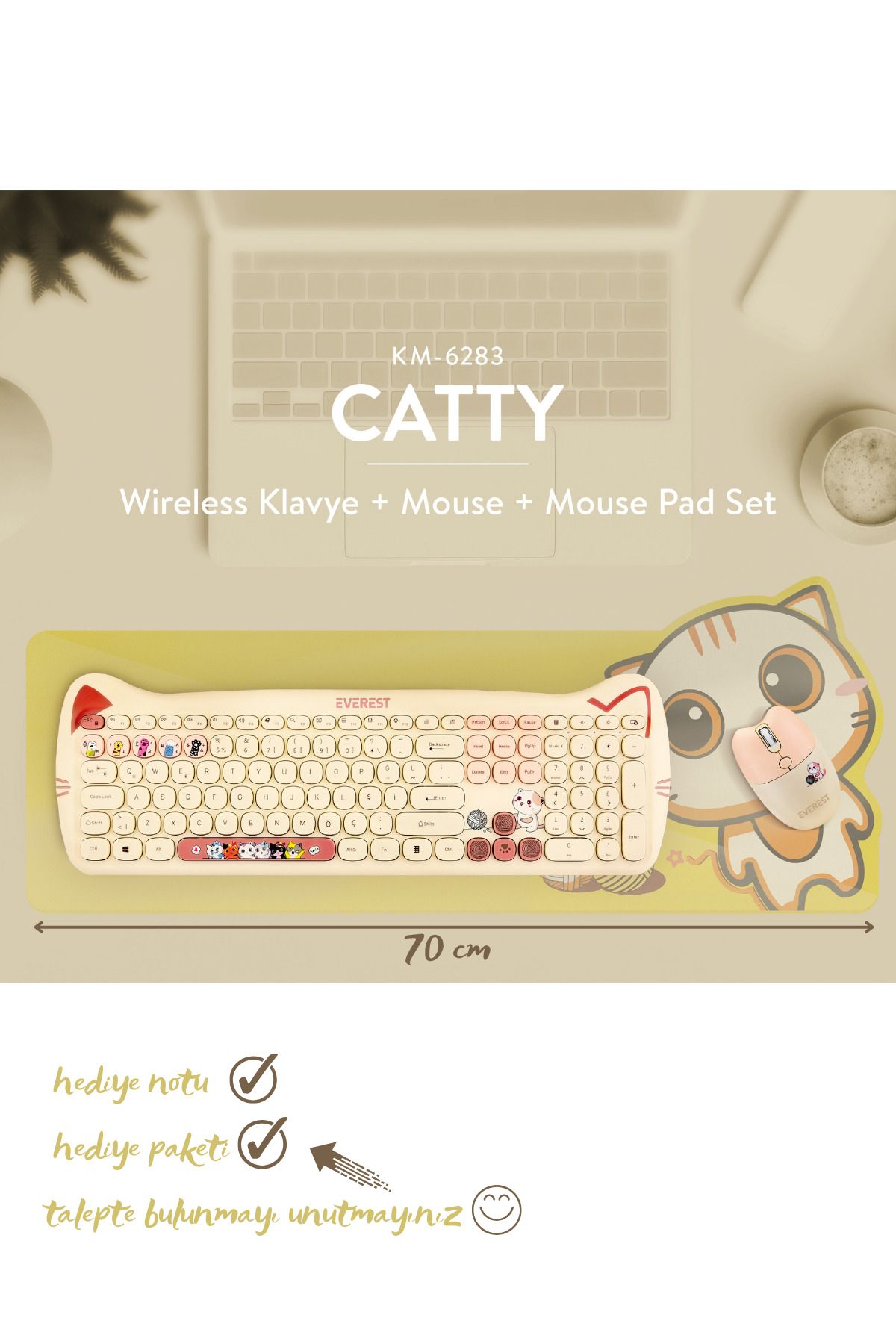 Everest Km-6283 Catty Wireless/ Kablosuz Bağlantılı Ultra Sessiz Özel Tasarımlı Q Klavye Mouse Mouse Pad Set