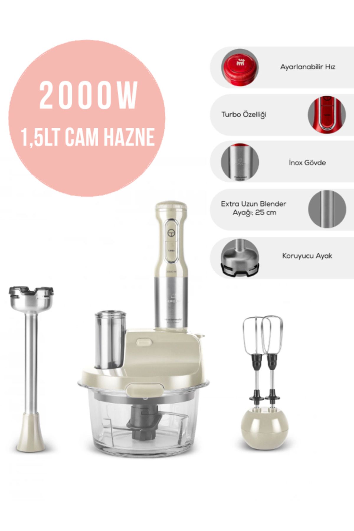 Karaca Inox Gövde Premium 2000w Turbo 1,5 Lt Cam Hazneli, 4 Kanatlı Çelik Bıçak Mutfak Robotu & Blender