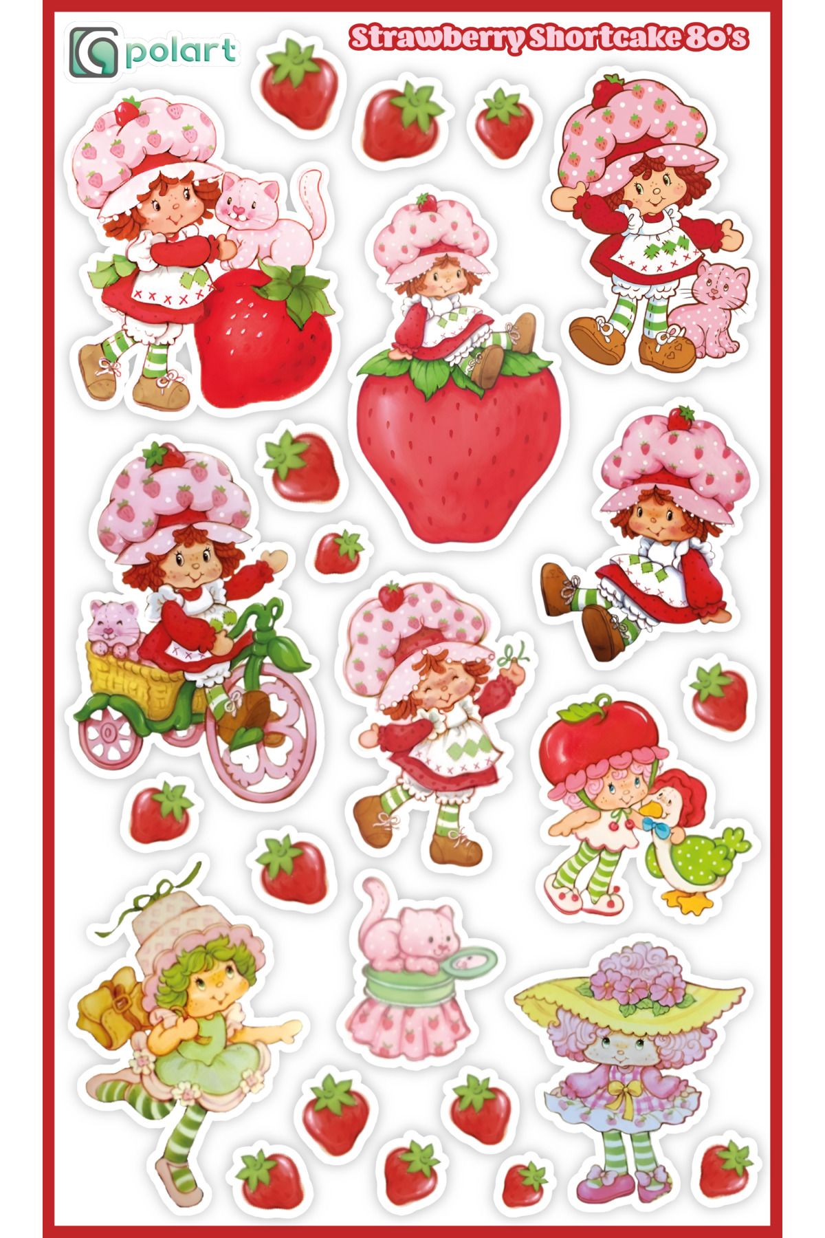 Polart Stationary Strawberry Shortcake 80's Sticker Seti - 24 adet yapışkanlı etiket Çilek kız 1980 versiyon