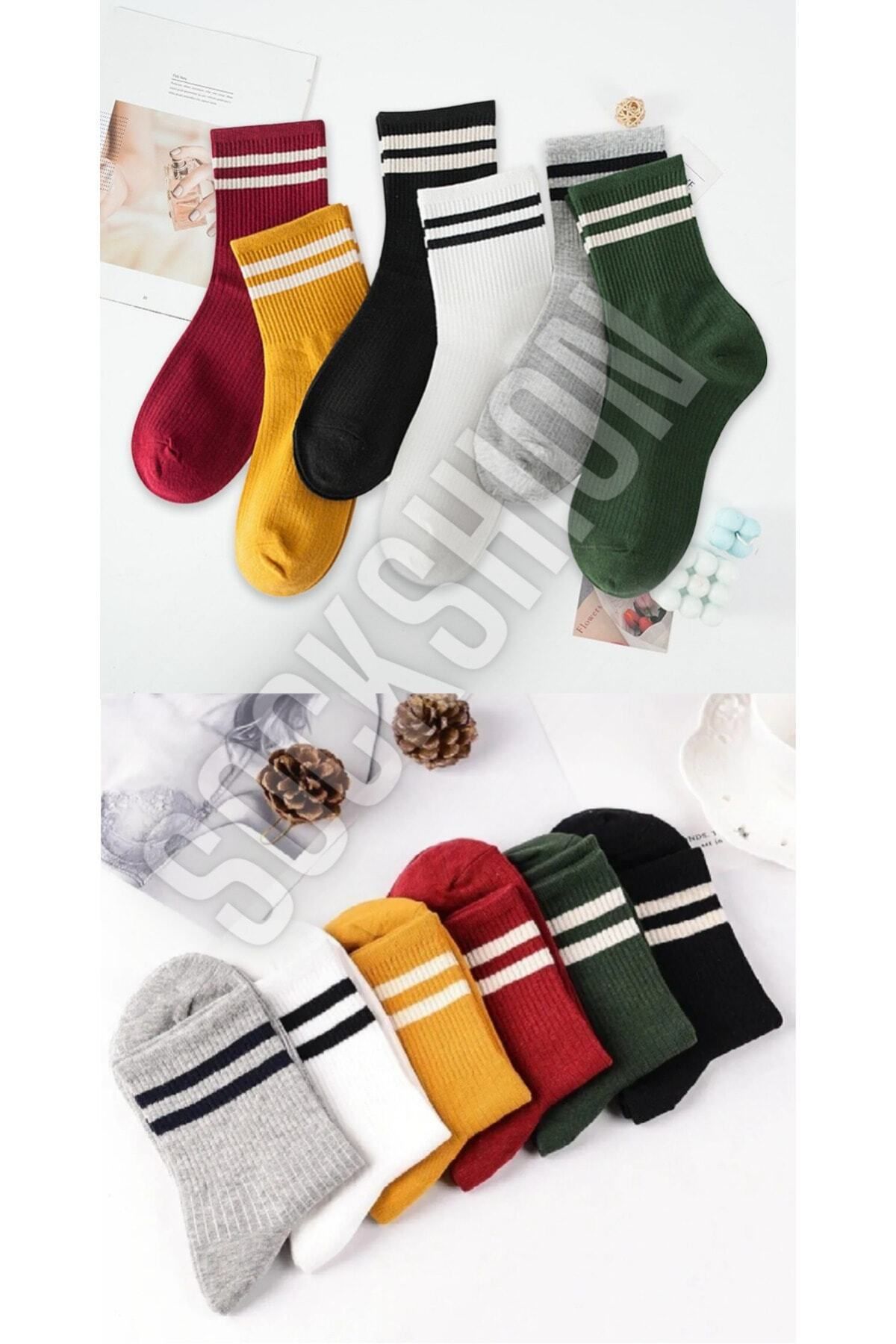 SOCKSHION Kadın 6'lı Karışık Renkli Çizgili Tenis Çorabı - Stilinizi Renklendirin - 6 Çift