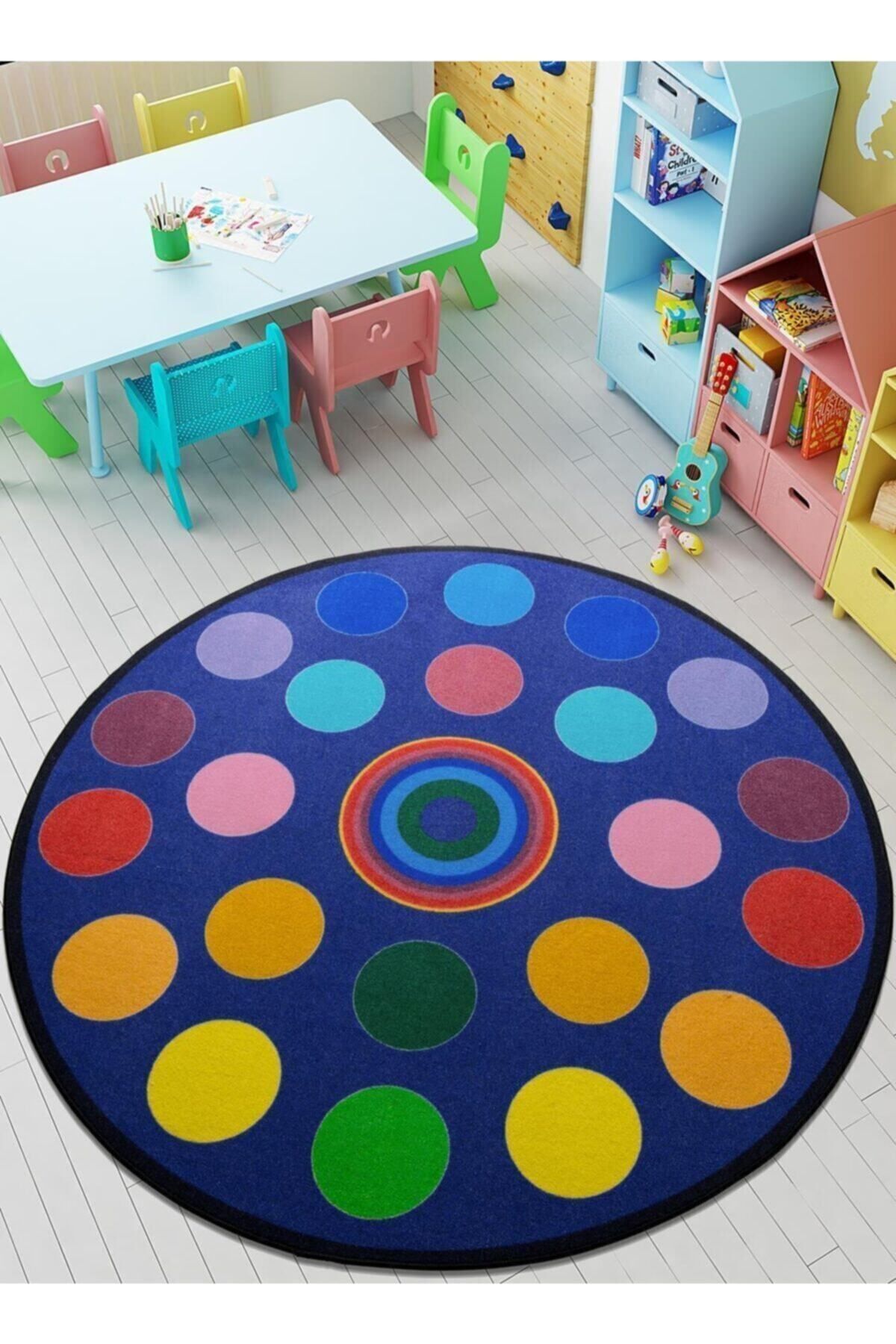 Confetti Circles Ø 300 Cm K.mavi Bukle Anaokulu Kreş Ve Çocuk Halısı - Kaymaz Jel Taban Makinede Yıkanabilir