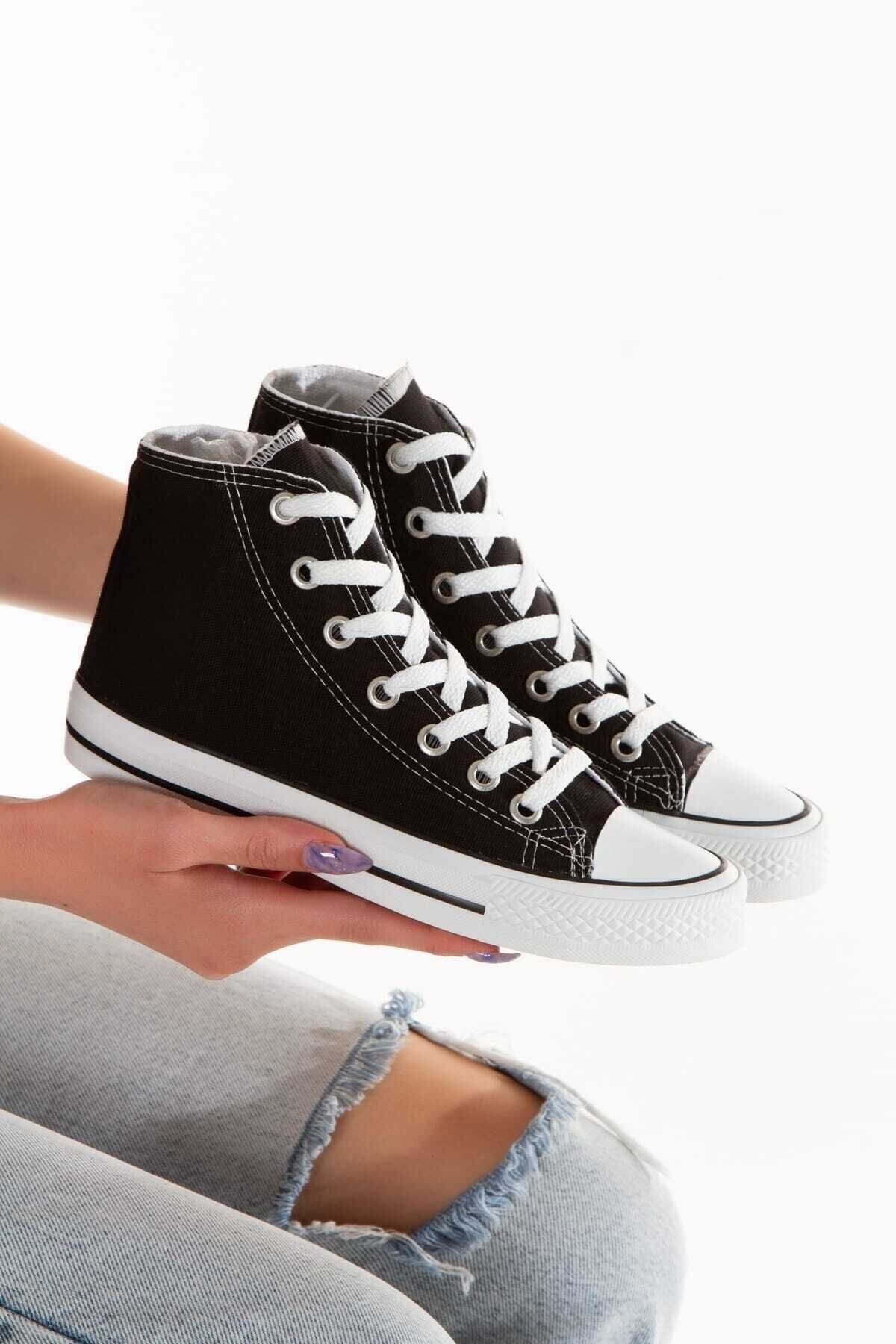 Lideral Unisex Siyah Beyaz Spor Ayakkabı Convers Uzun Bilekli Sneaker
