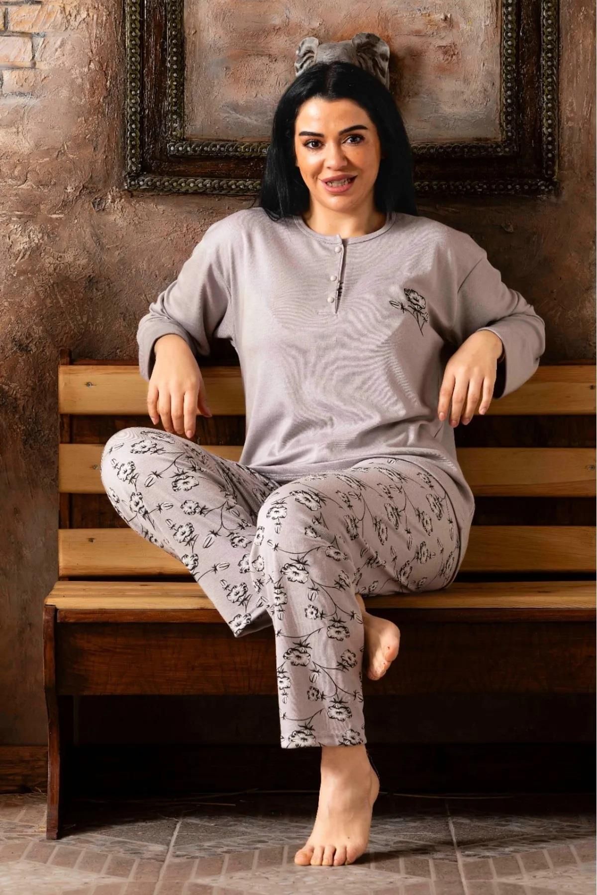 Sude Kadın Bambu Büyük Beden Uzun Kol Yakası Düğmeli Pijama Takımı P964-14 - 1 Adet