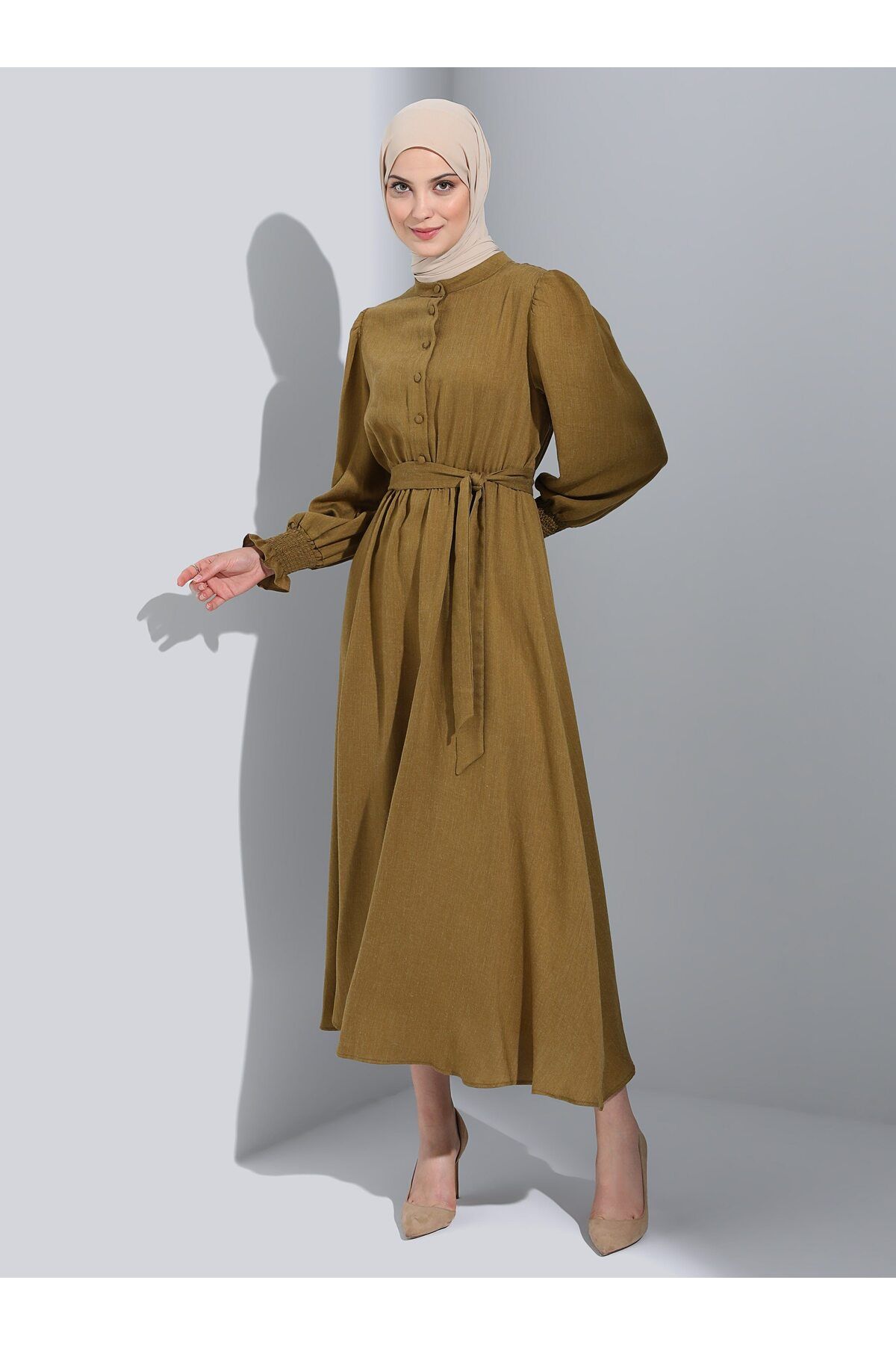 Refka Yün Efektli Gipe Detaylı Tesettür Elbise - Zeytin Yeşili -