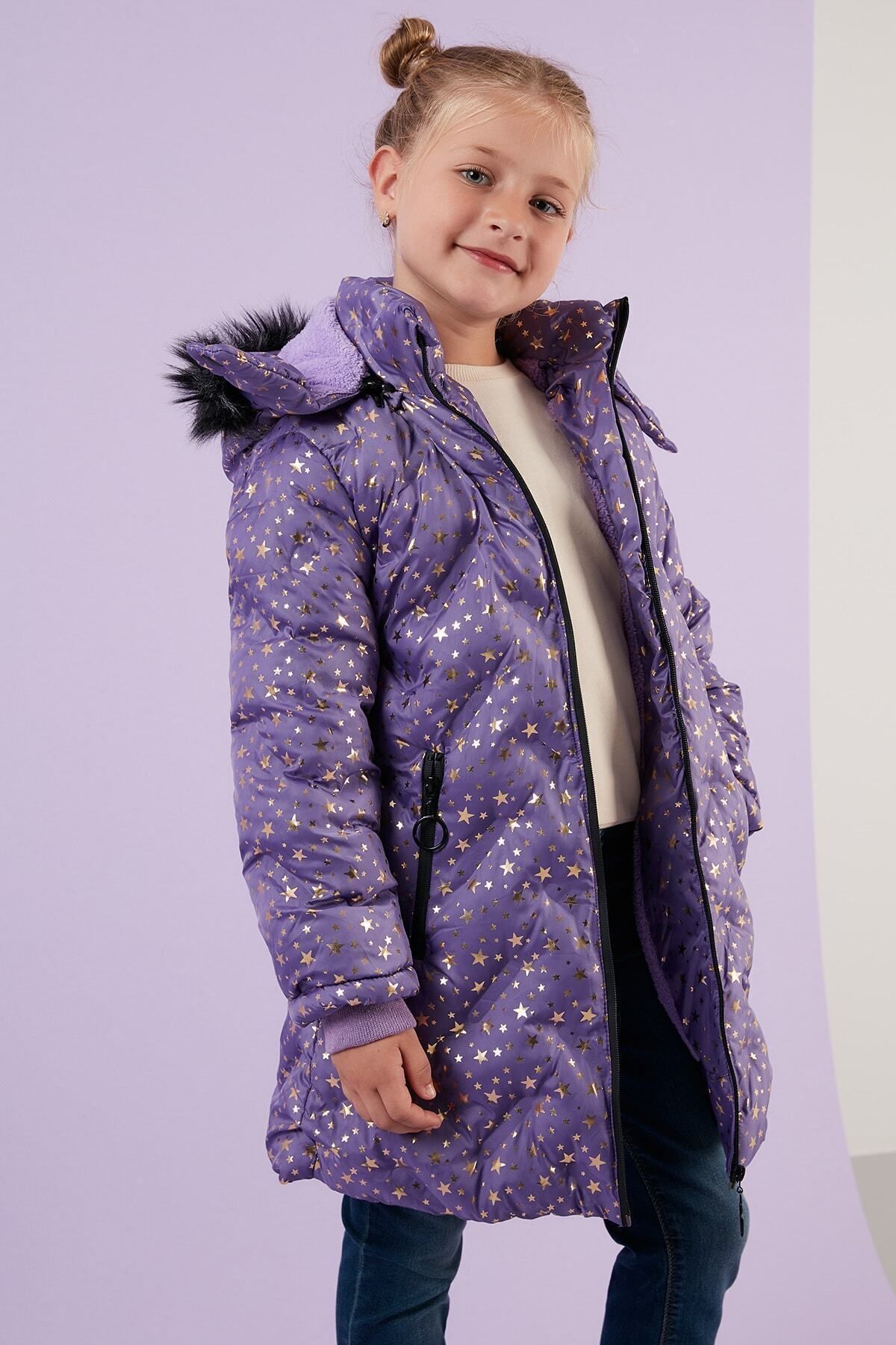 Lela Yakası Suni Kürklü Yıldız Desenli Çıkarılabilir Kapüşonlu Peluş Astarlı Kışlık Mont Kız Çocuk M