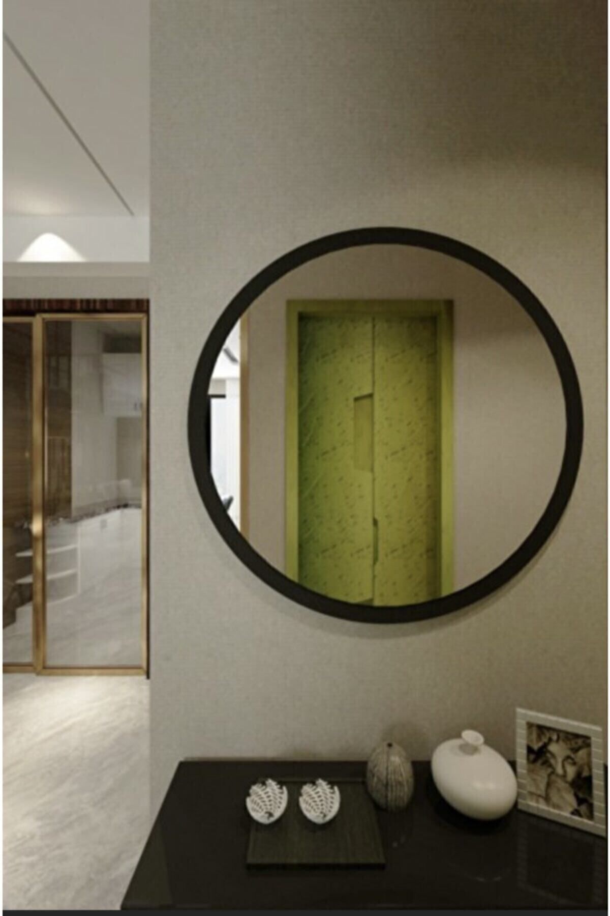 Rose Tasarım Siyah Dekoratif Yuvarlak Antre Hol Koridor Duvar Salon Mutfak Banyo Wc Ofis Aynası 45 Cm