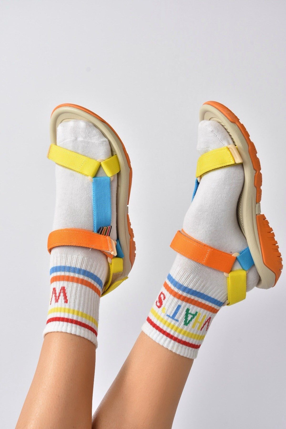 Fox Shoes Turuncu/sarı/mavi Kumaş Kadın Cırtlı Trekking Sandalet K838862504