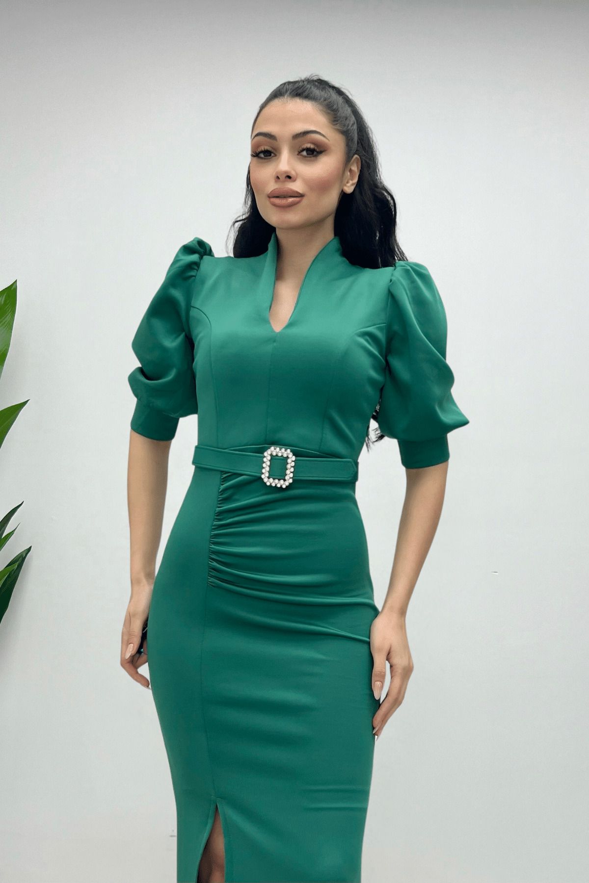 giyimmasalı Scuba Kumaş Dik Yaka Elbise - Zümrüt Yeşil