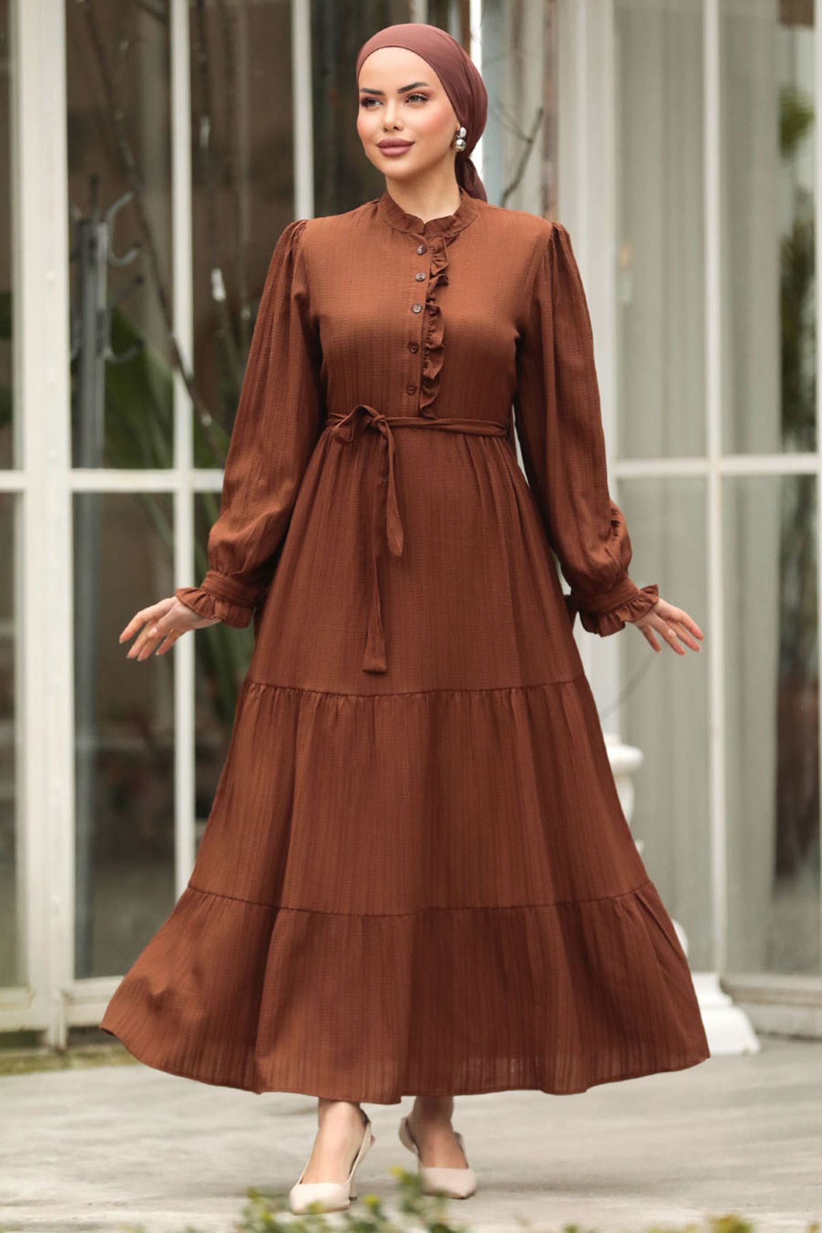 Neva Style Kat Piliseli Kahverengi Tesettür Elbise 617KH
